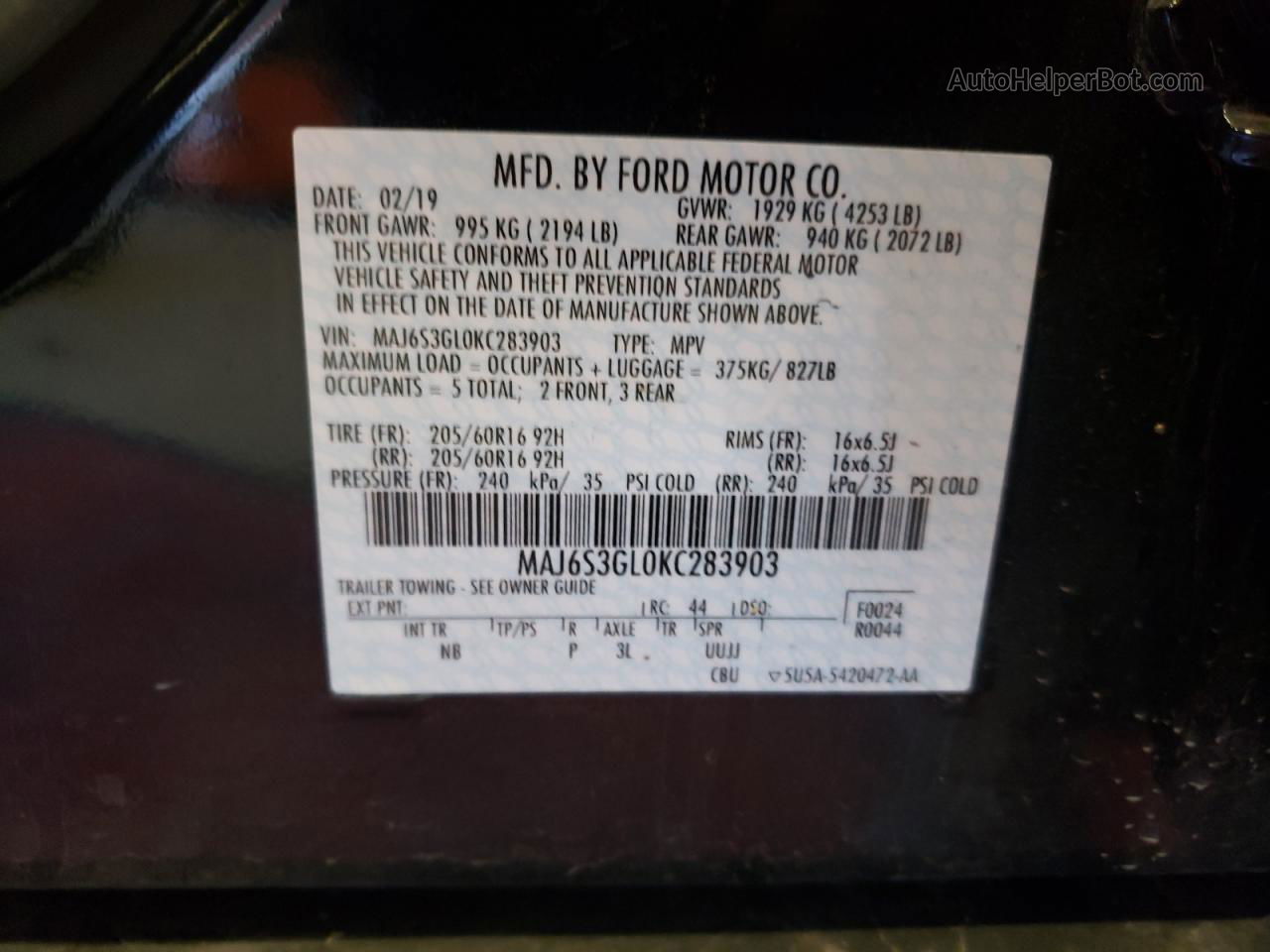 2019 Ford Ecosport Se Black vin: MAJ6S3GL0KC283903