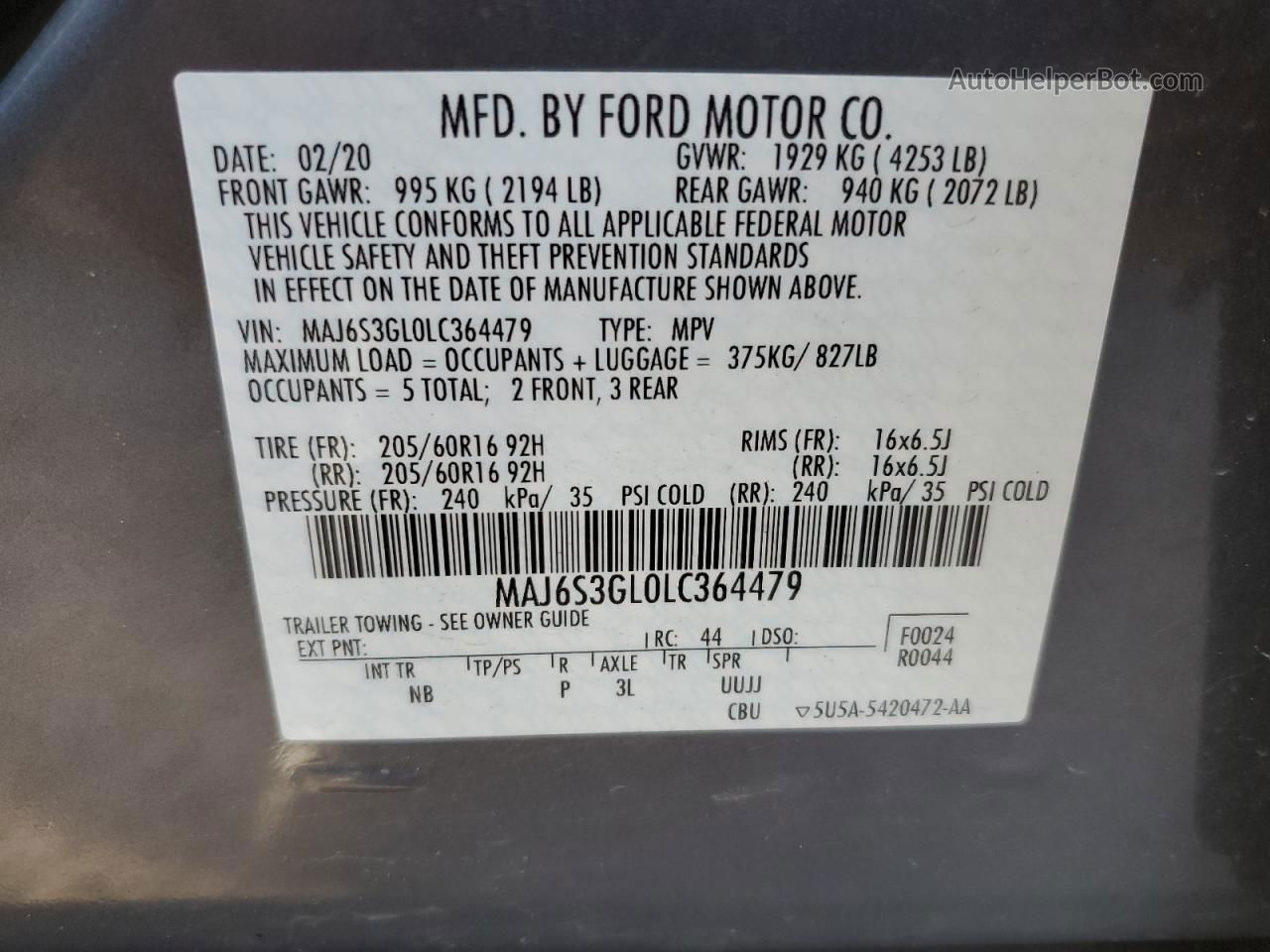 2020 Ford Ecosport Se Gray vin: MAJ6S3GL0LC364479