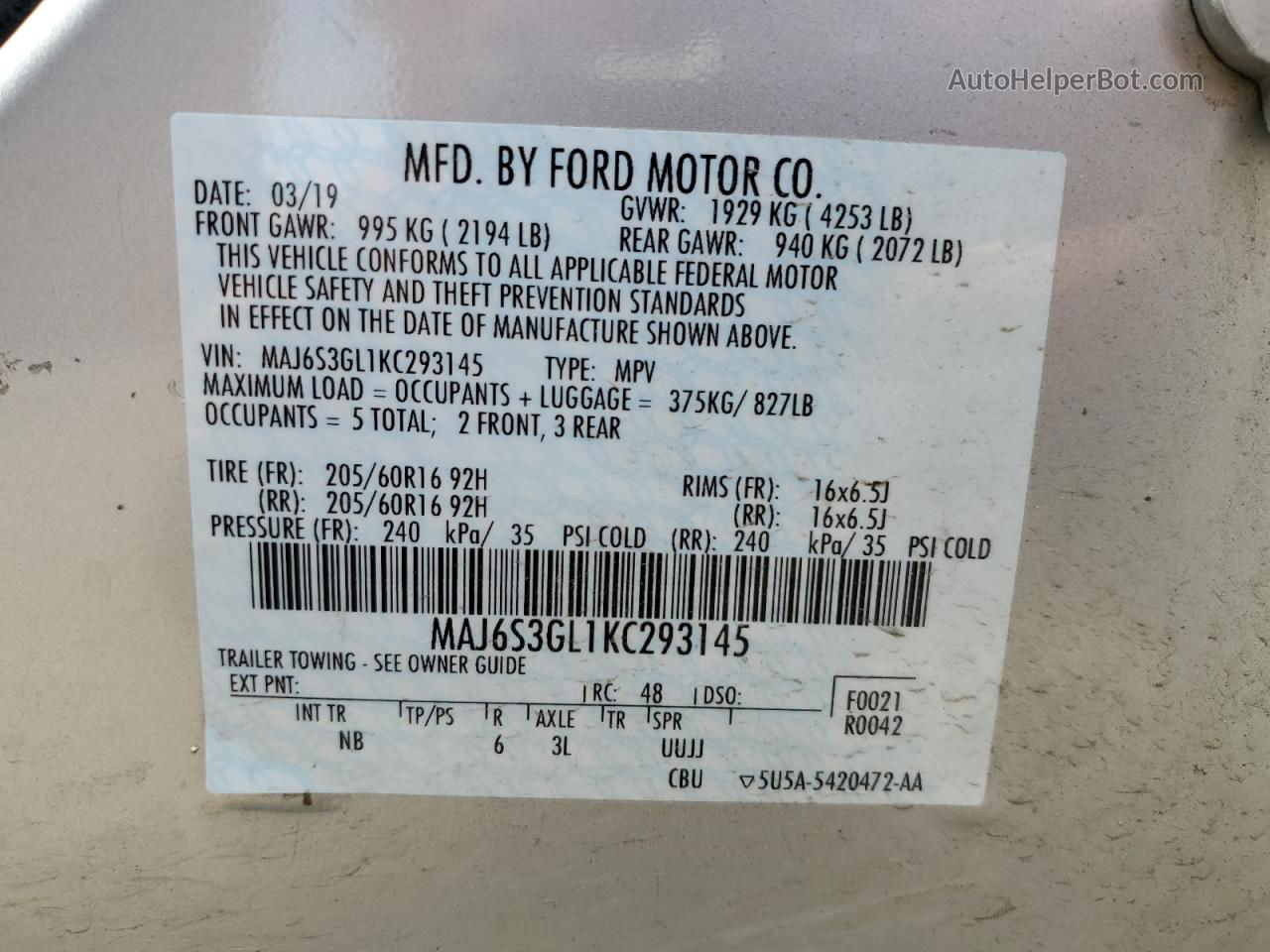 2019 Ford Ecosport Se Silver vin: MAJ6S3GL1KC293145