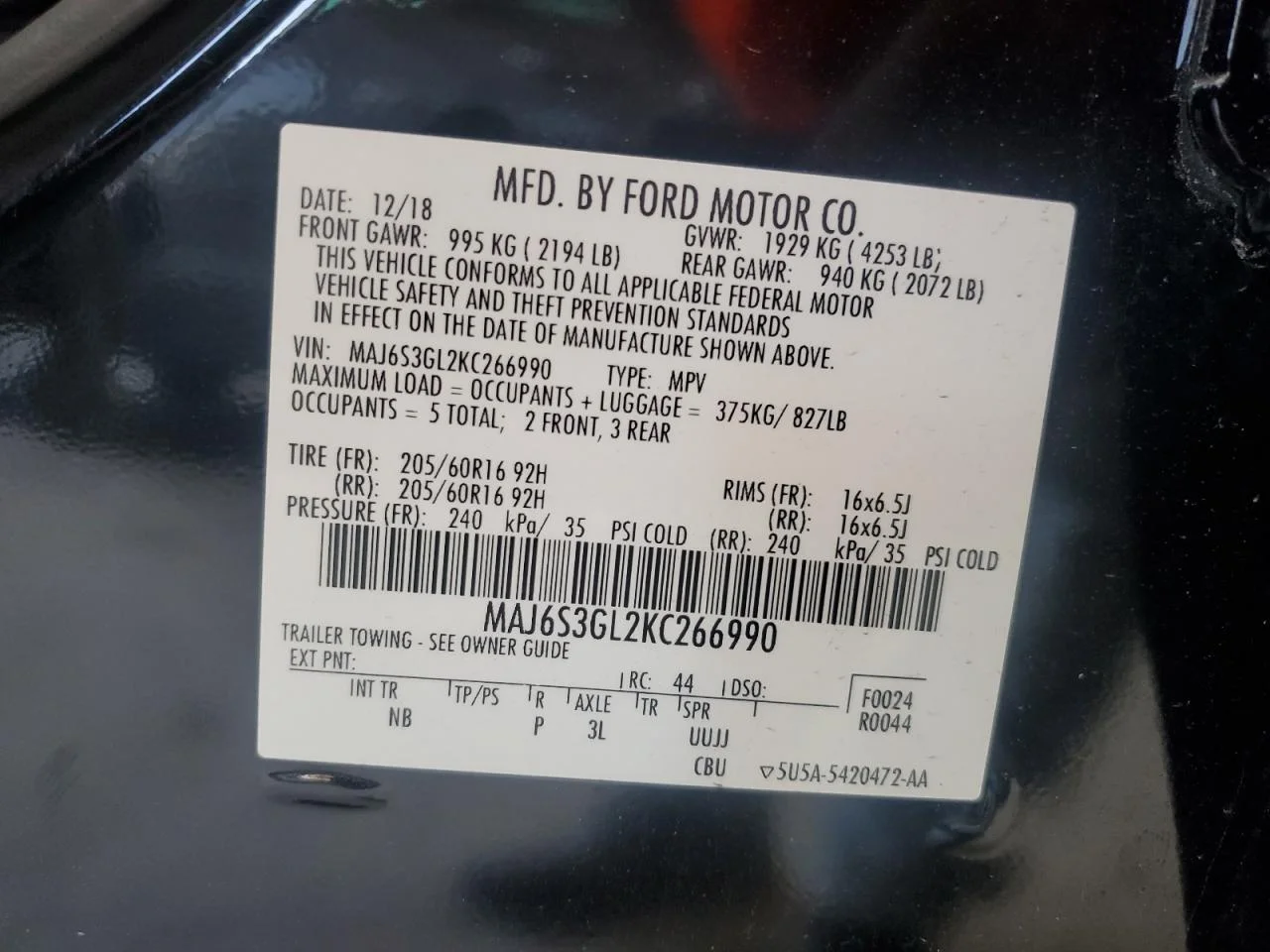 2019 Ford Ecosport Se Black vin: MAJ6S3GL2KC266990
