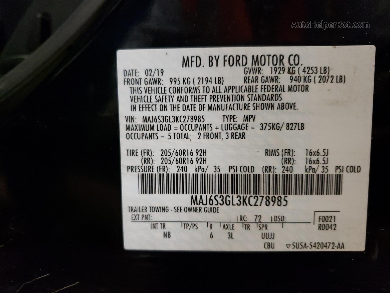 2019 Ford Ecosport Se Black vin: MAJ6S3GL3KC278985