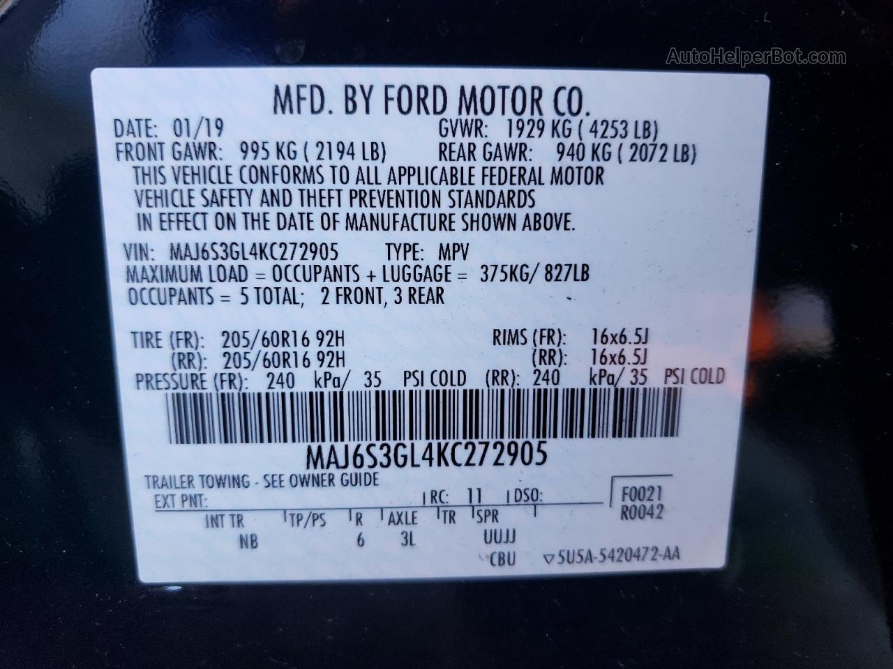 2019 Ford Ecosport Se Черный vin: MAJ6S3GL4KC272905