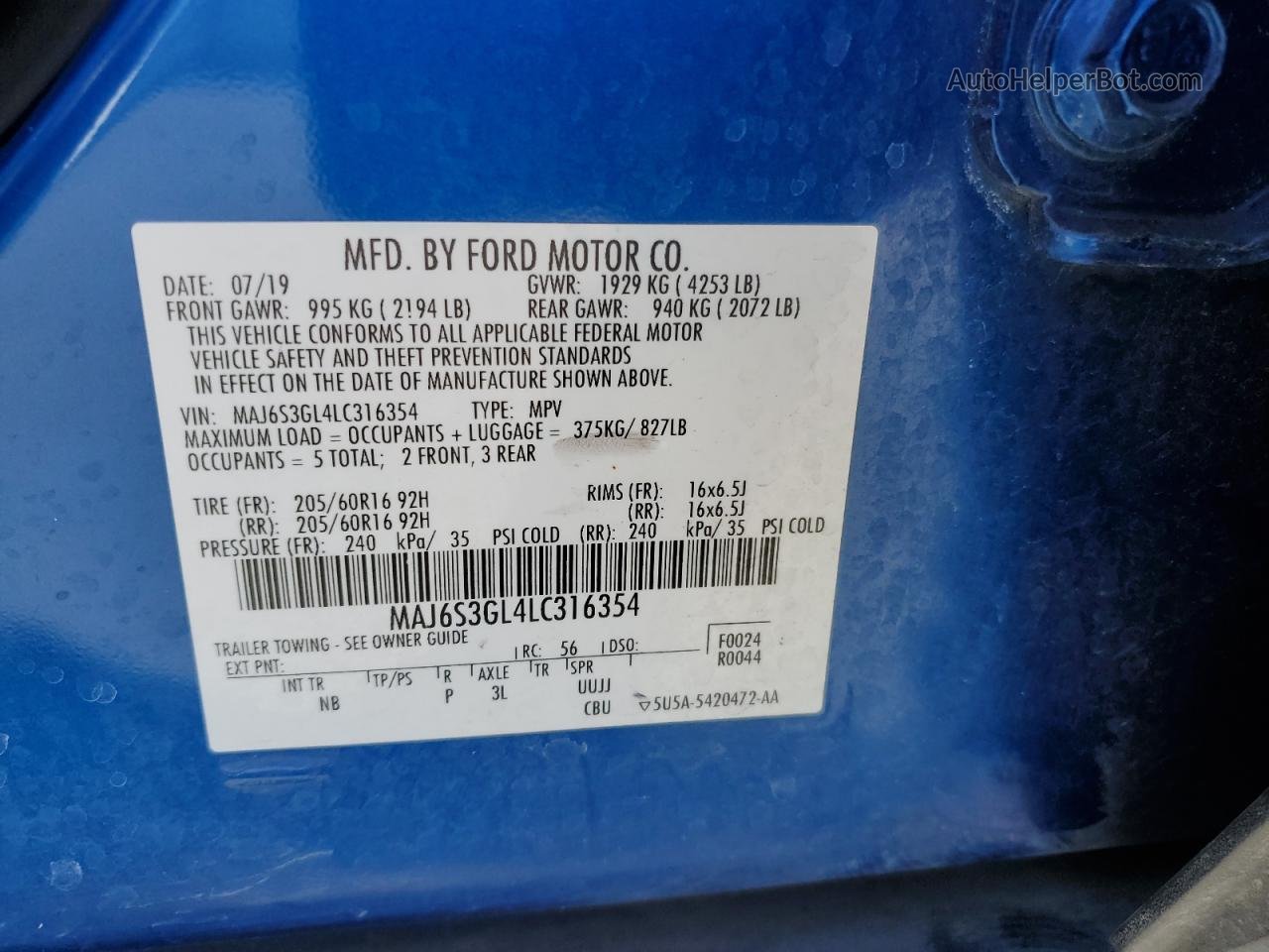 2020 Ford Ecosport Se Blue vin: MAJ6S3GL4LC316354