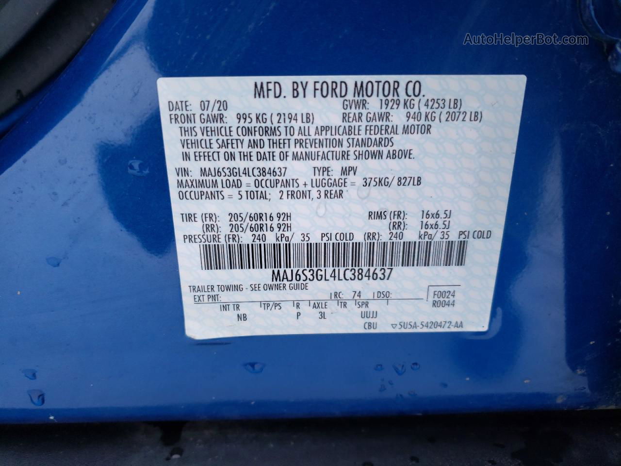 2020 Ford Ecosport Se Blue vin: MAJ6S3GL4LC384637
