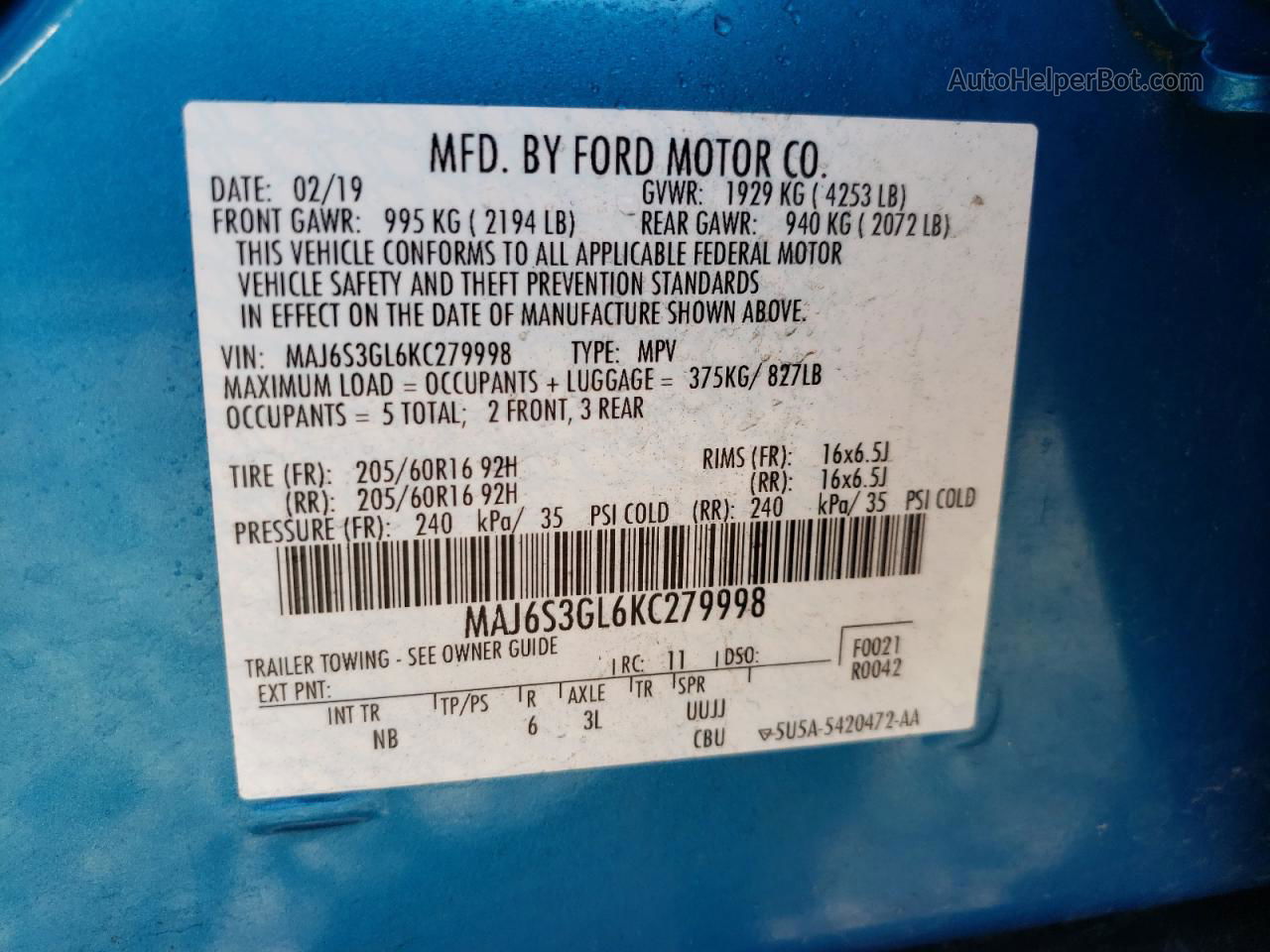 2019 Ford Ecosport Se Синий vin: MAJ6S3GL6KC279998