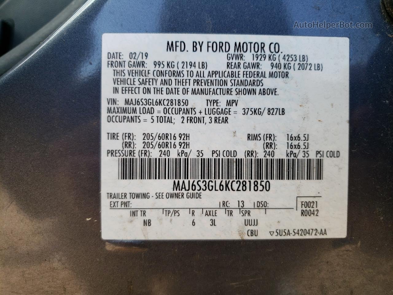 2019 Ford Ecosport Se Серый vin: MAJ6S3GL6KC281850