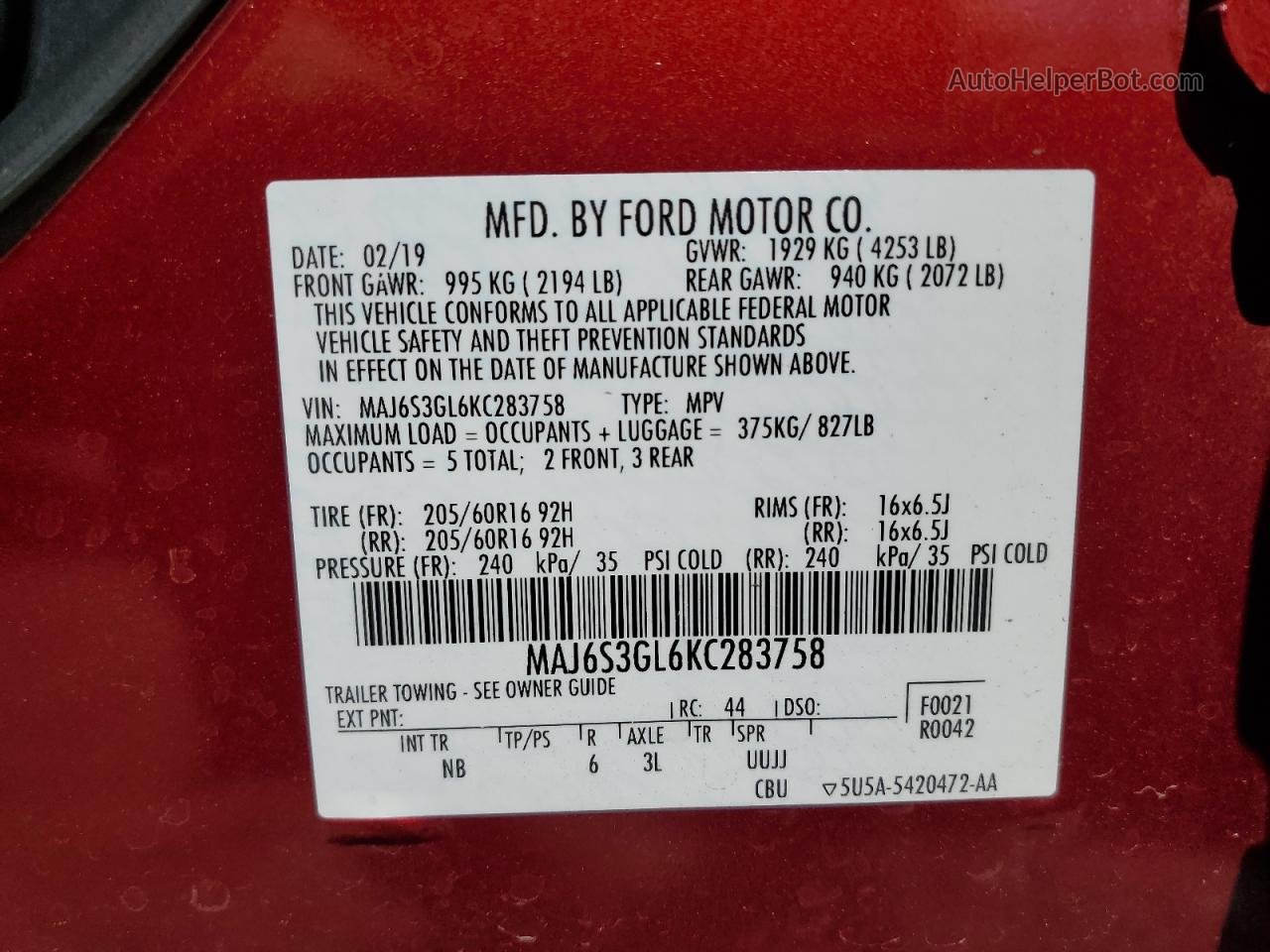 2019 Ford Ecosport Se Red vin: MAJ6S3GL6KC283758