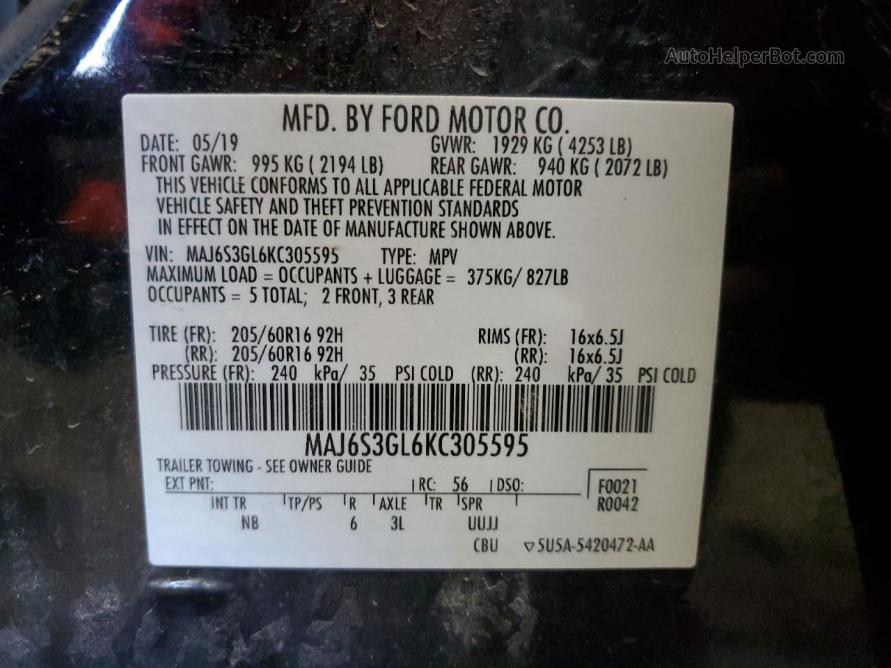 2019 Ford Ecosport Se Black vin: MAJ6S3GL6KC305595