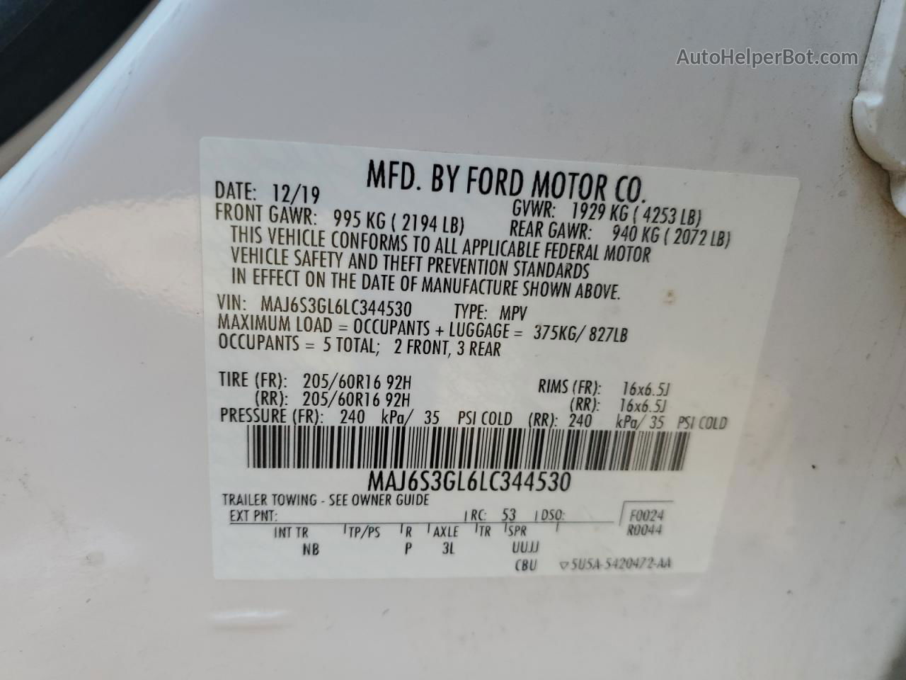 2020 Ford Ecosport Se White vin: MAJ6S3GL6LC344530