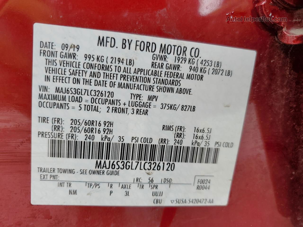 2020 Ford Ecosport Se Red vin: MAJ6S3GL7LC326120