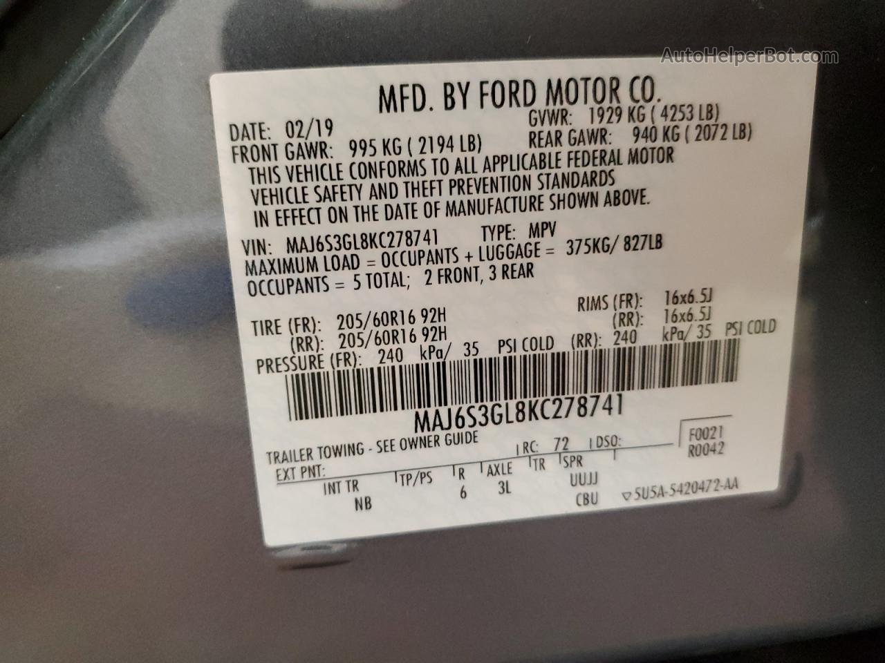 2019 Ford Ecosport Se Gray vin: MAJ6S3GL8KC278741