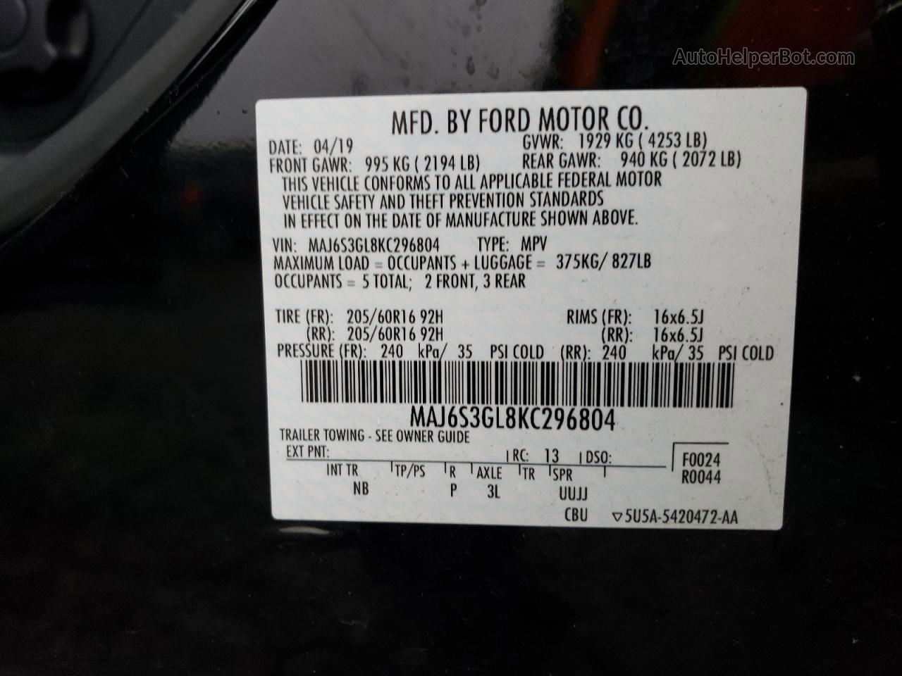 2019 Ford Ecosport Se Black vin: MAJ6S3GL8KC296804