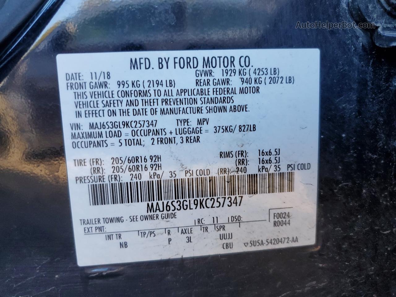 2019 Ford Ecosport Se Black vin: MAJ6S3GL9KC257347