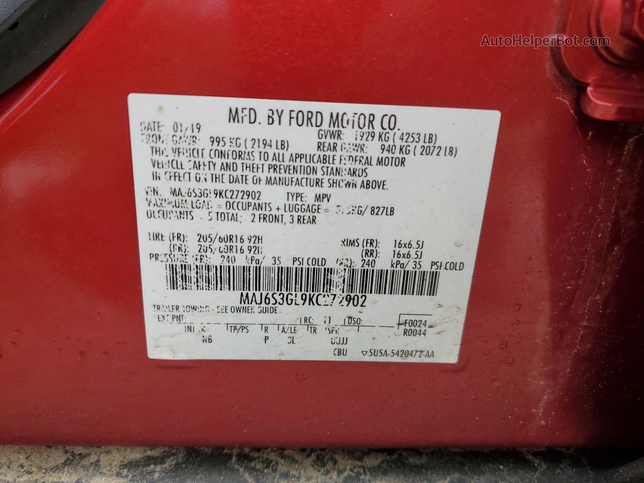 2019 Ford Ecosport Se Красный vin: MAJ6S3GL9KC272902