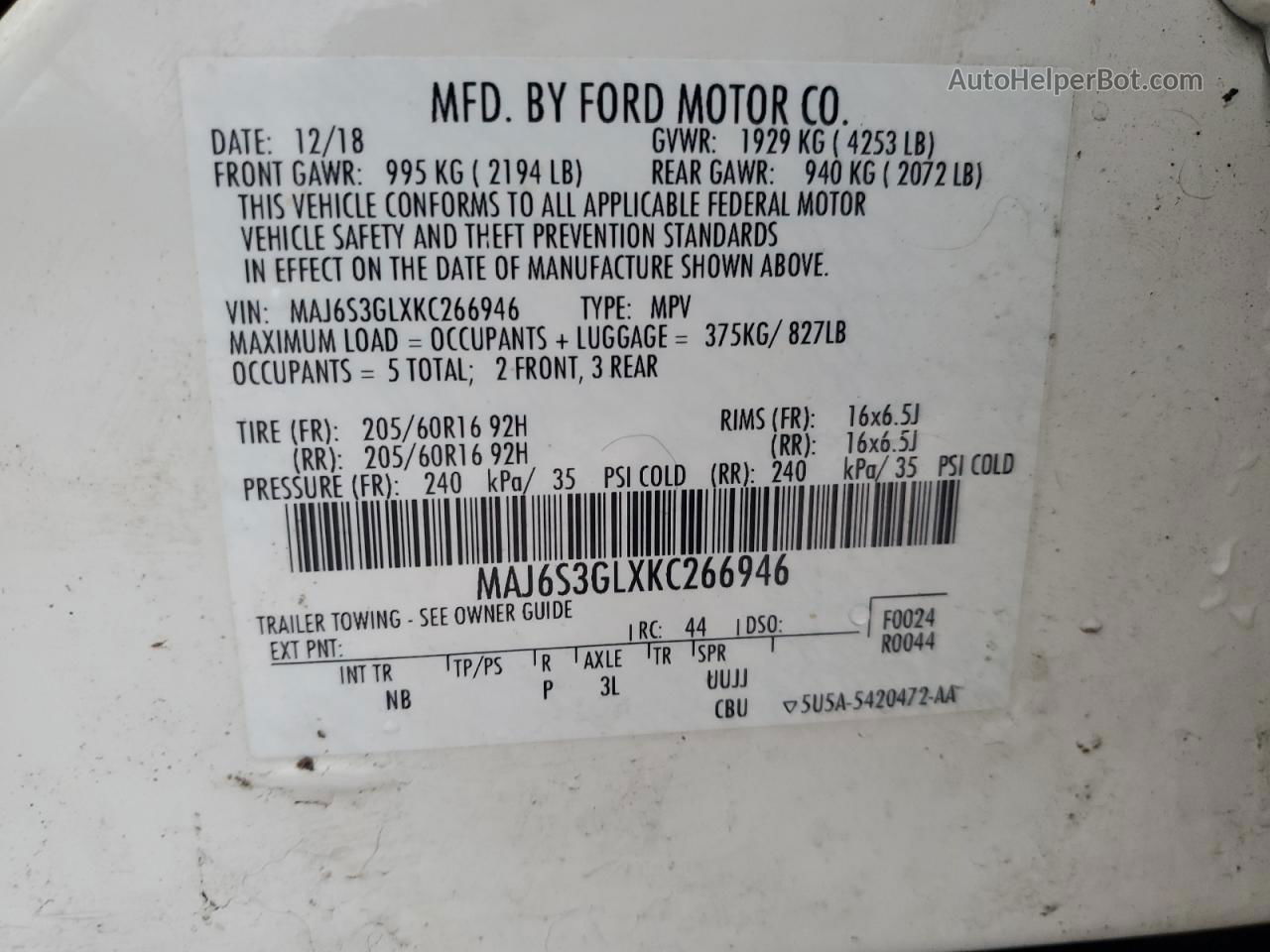 2019 Ford Ecosport Se White vin: MAJ6S3GLXKC266946