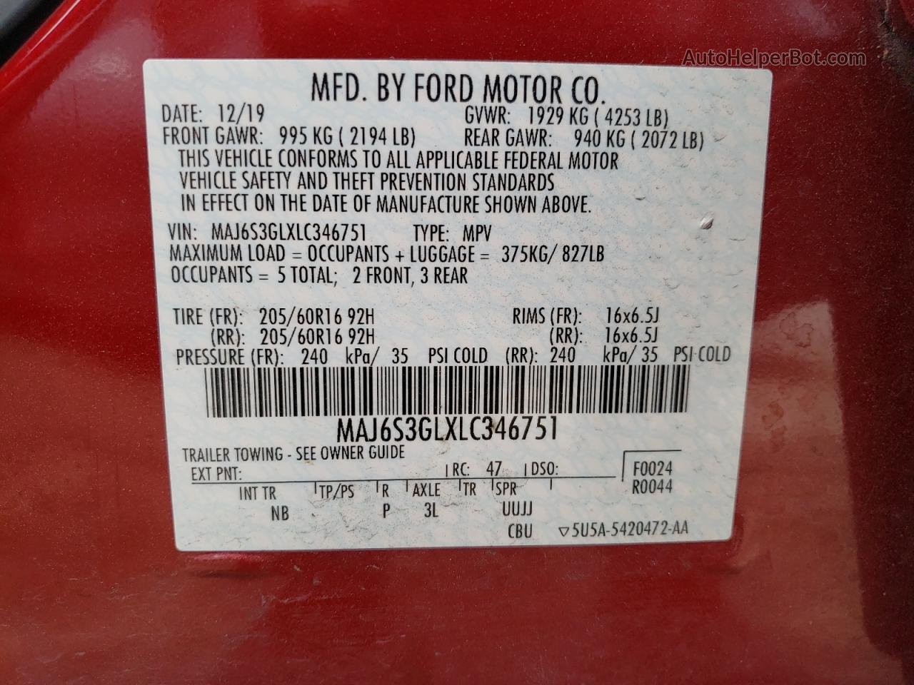 2020 Ford Ecosport Se Red vin: MAJ6S3GLXLC346751