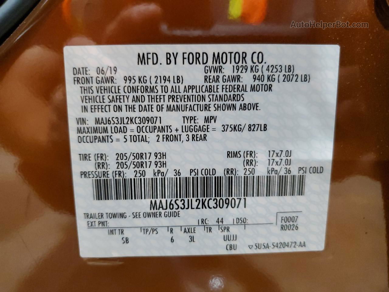 2019 Ford Ecosport Ses Brown vin: MAJ6S3JL2KC309071