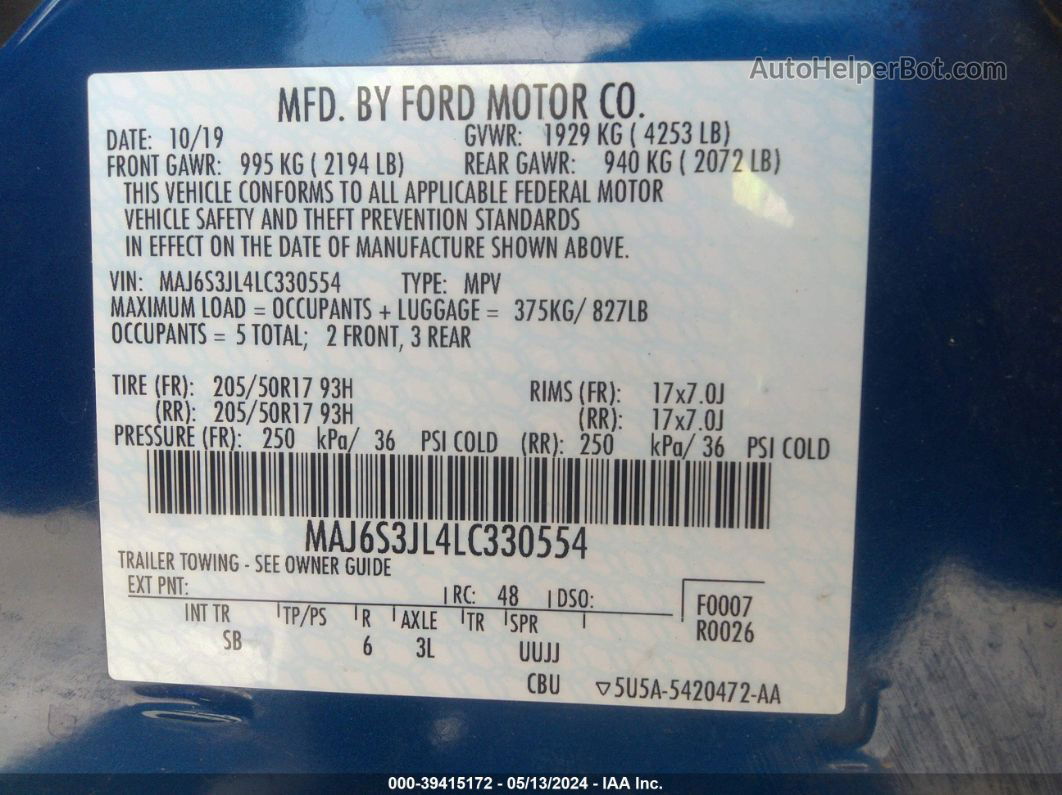 2020 Ford Ecosport Ses Blue vin: MAJ6S3JL4LC330554