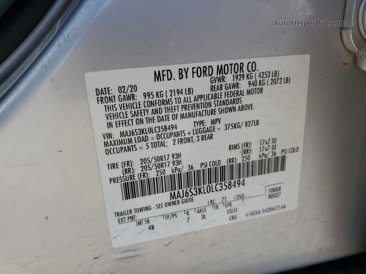 2020 Ford Ecosport Titanium Серебряный vin: MAJ6S3KL0LC358494