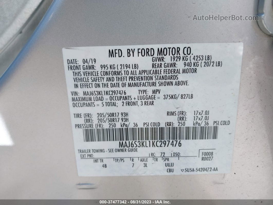 2019 Ford Ecosport Titanium Silver vin: MAJ6S3KL1KC297476