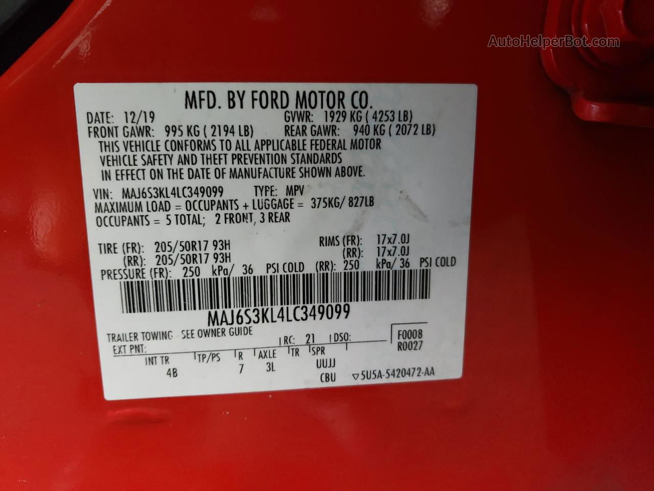 2020 Ford Ecosport Titanium Red vin: MAJ6S3KL4LC349099