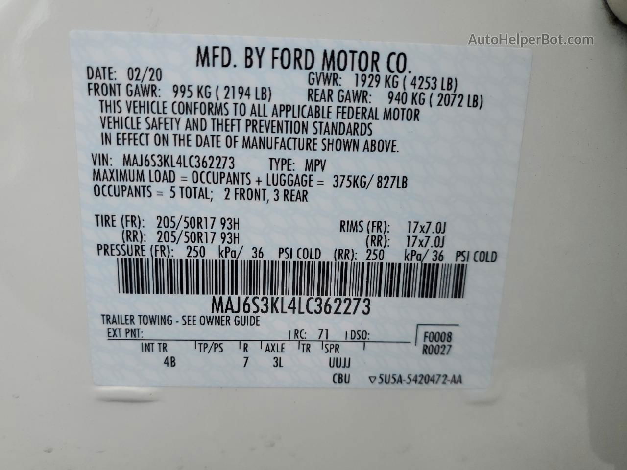 2020 Ford Ecosport Titanium White vin: MAJ6S3KL4LC362273