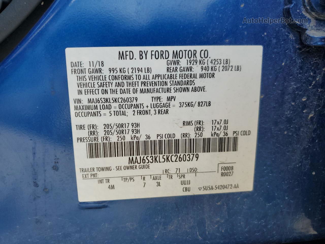 2019 Ford Ecosport Titanium Blue vin: MAJ6S3KL5KC260379