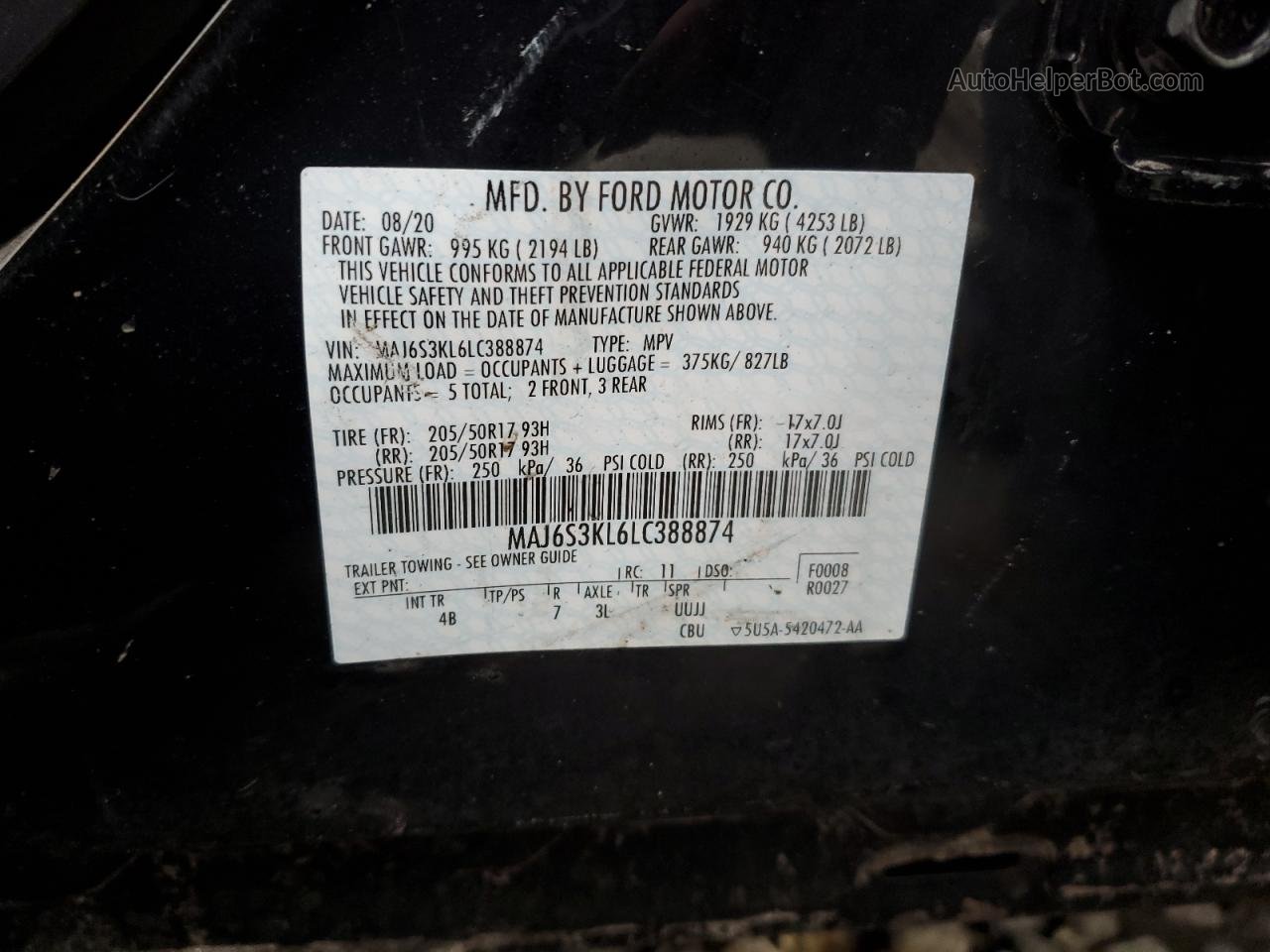 2020 Ford Ecosport Titanium Черный vin: MAJ6S3KL6LC388874