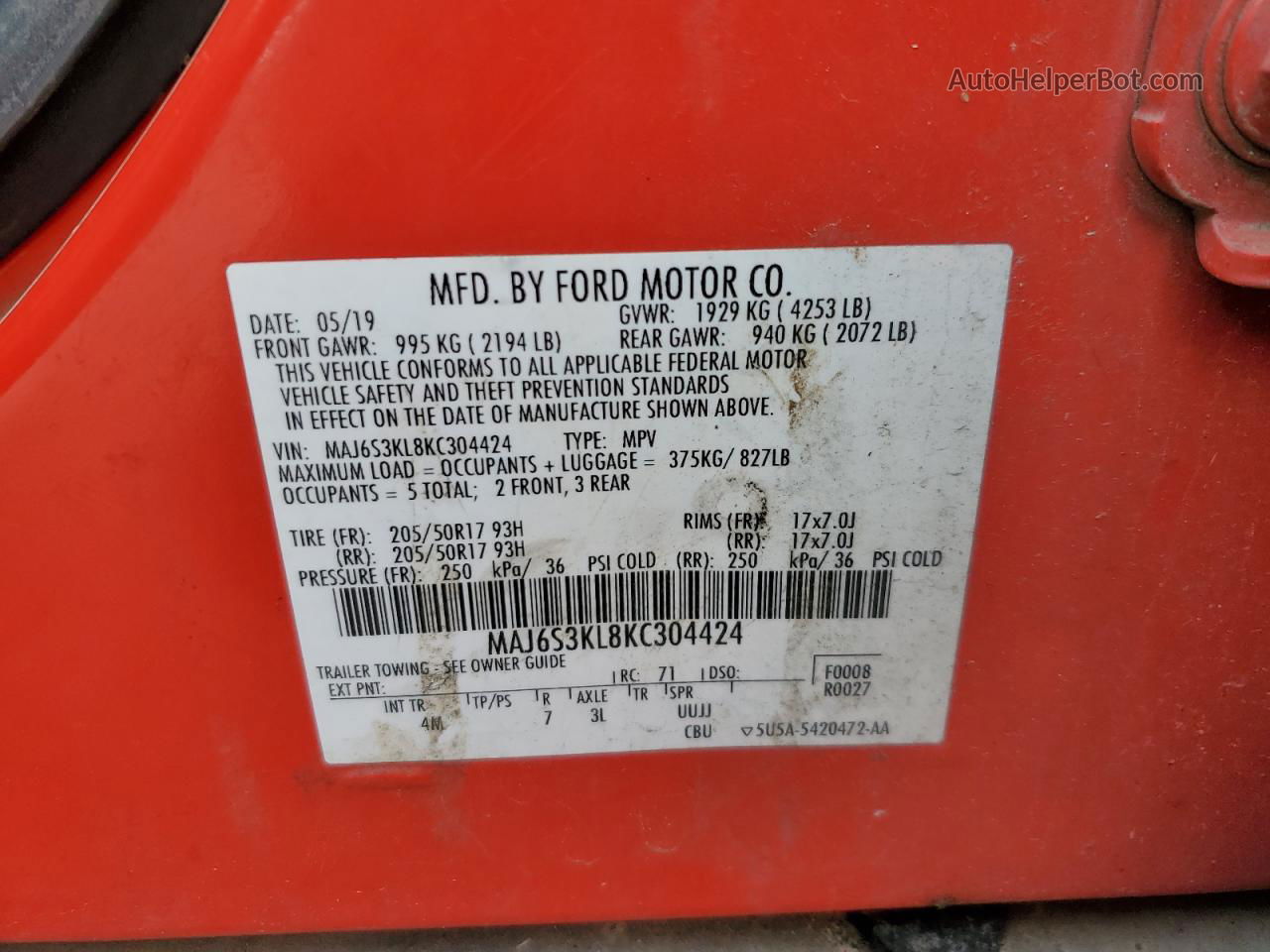2019 Ford Ecosport Titanium Красный vin: MAJ6S3KL8KC304424