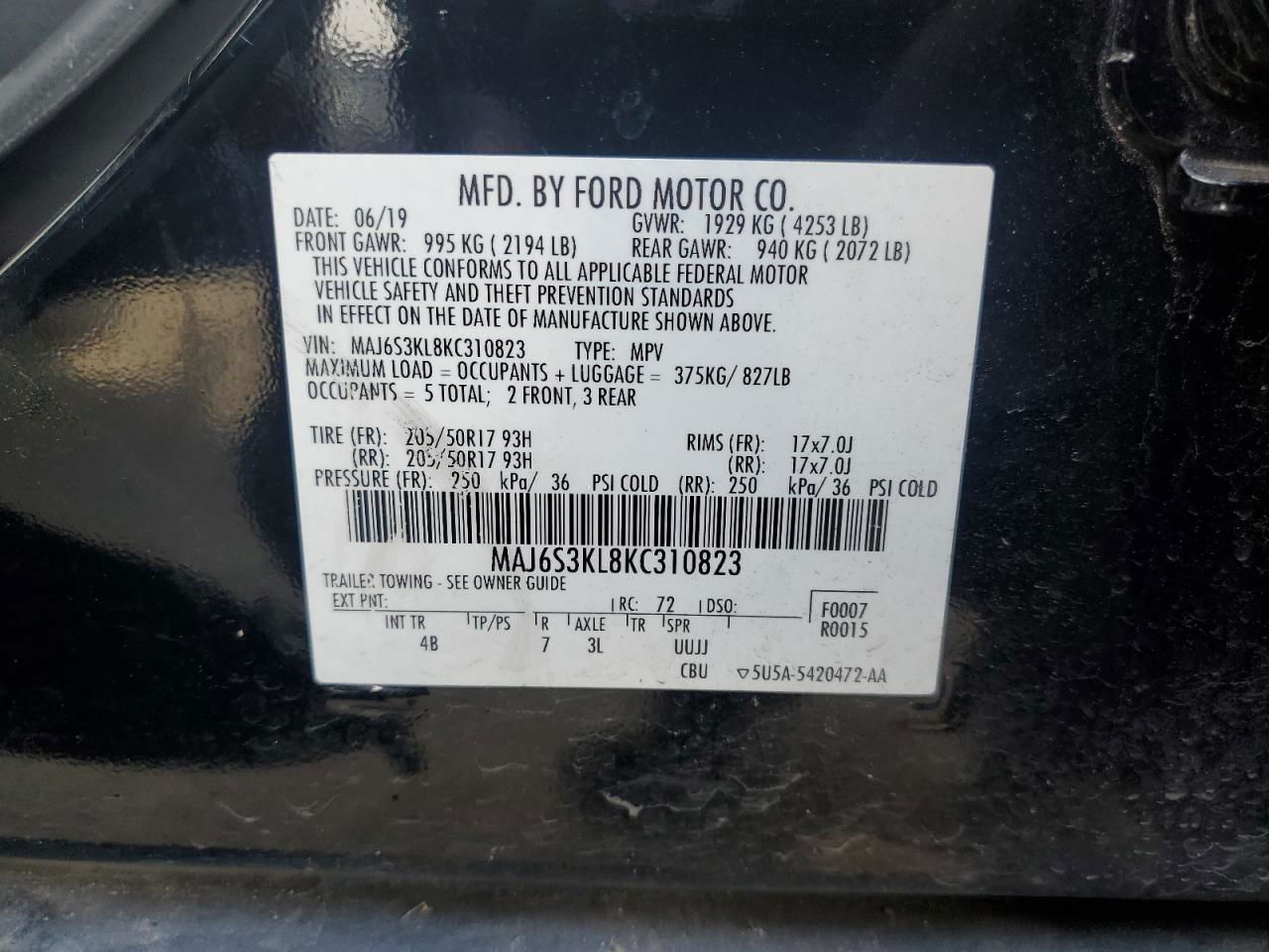 2019 Ford Ecosport Titanium Black vin: MAJ6S3KL8KC310823