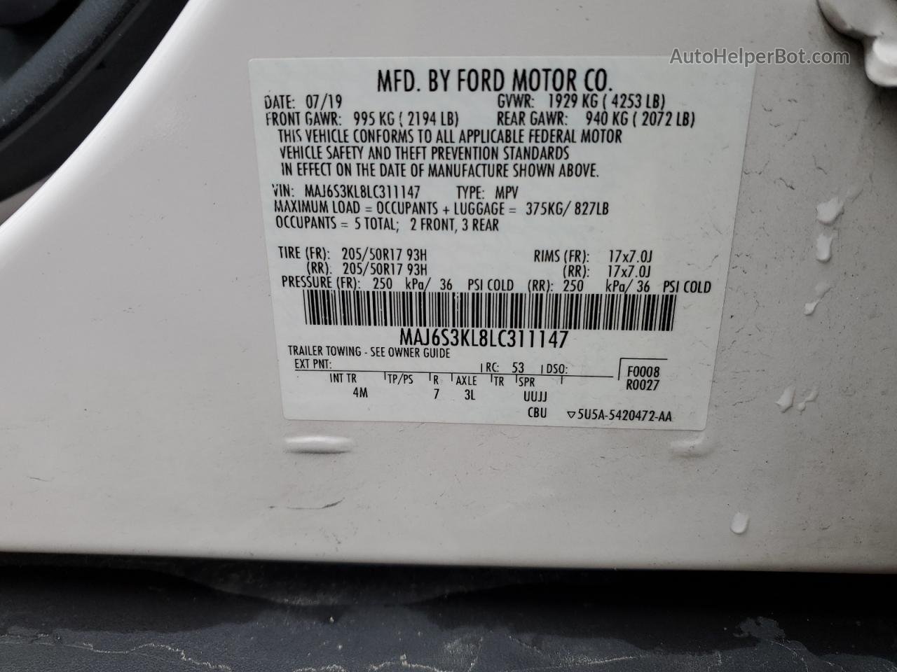 2020 Ford Ecosport Titanium Белый vin: MAJ6S3KL8LC311147