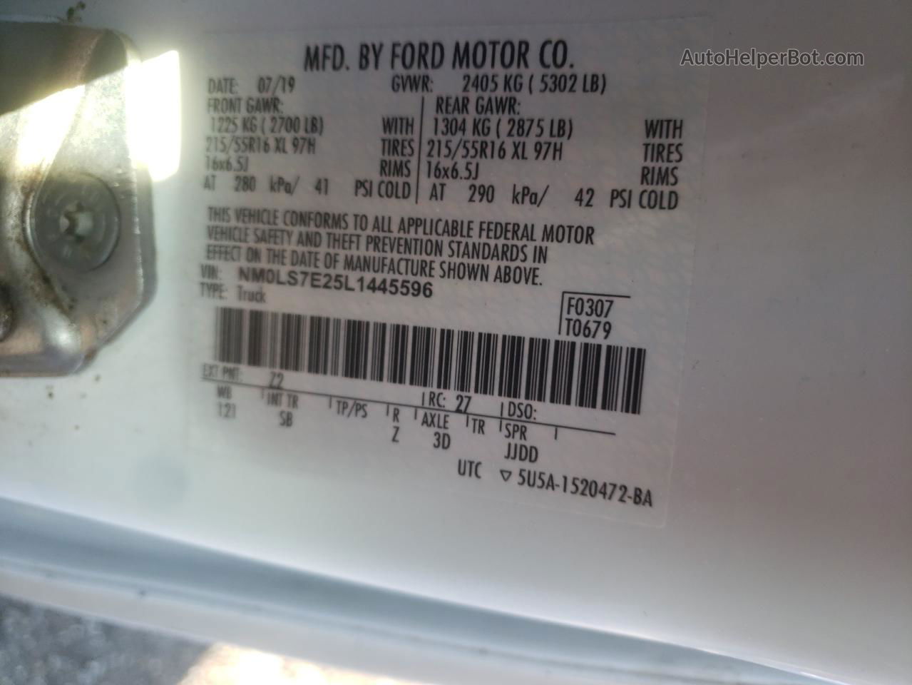 2020 Ford Transit Connect Xl White vin: NM0LS7E25L1445596