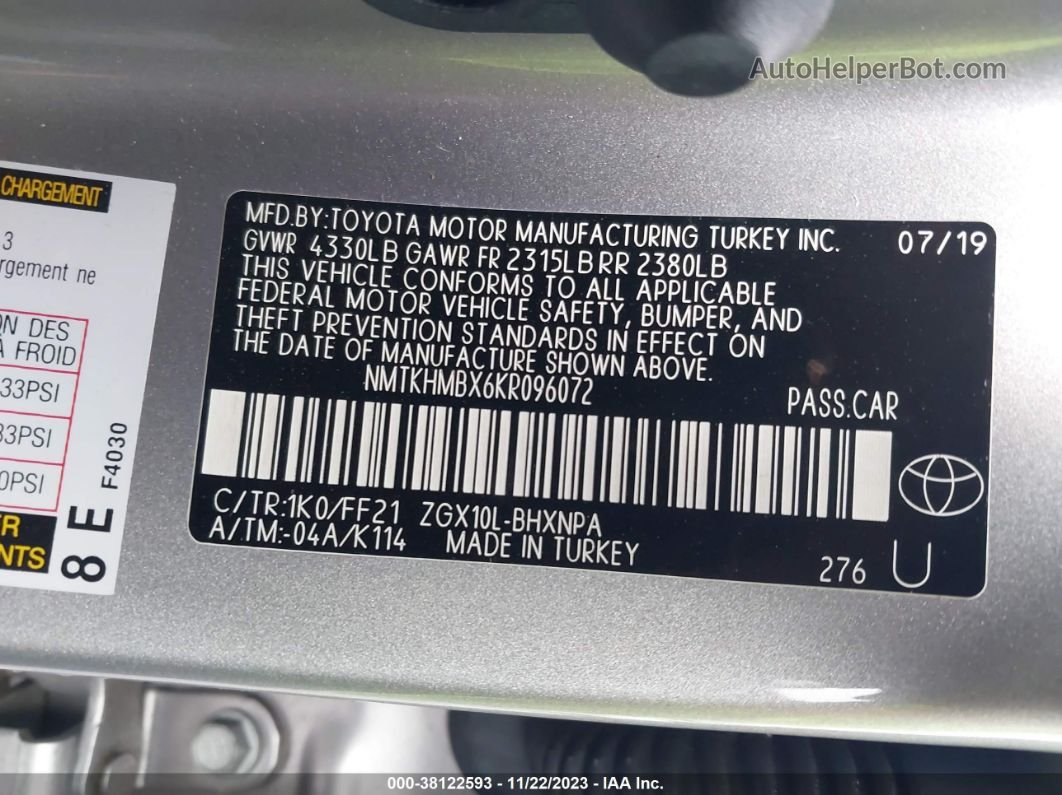 2019 Toyota C-hr Xle Серый vin: NMTKHMBX6KR096072