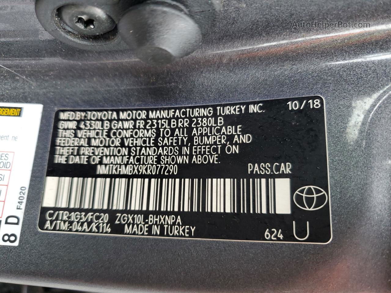 2019 Toyota C-hr Xle Gray vin: NMTKHMBX9KR077290