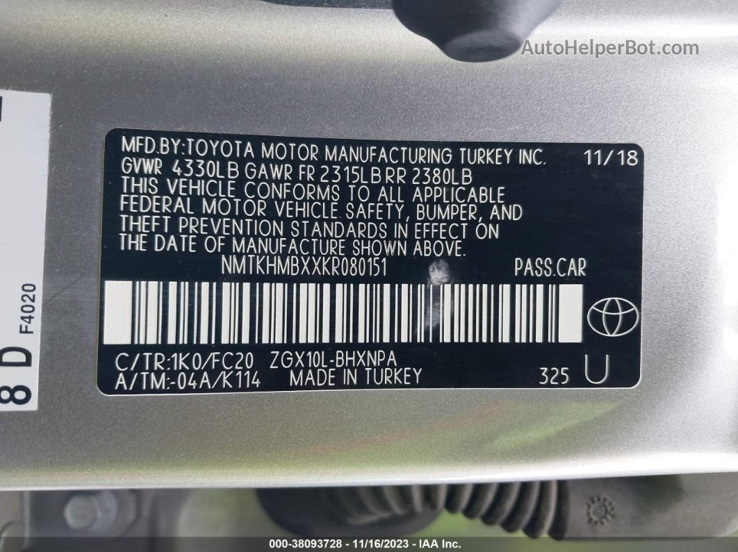 2019 Toyota C-hr Le Silver vin: NMTKHMBXXKR080151