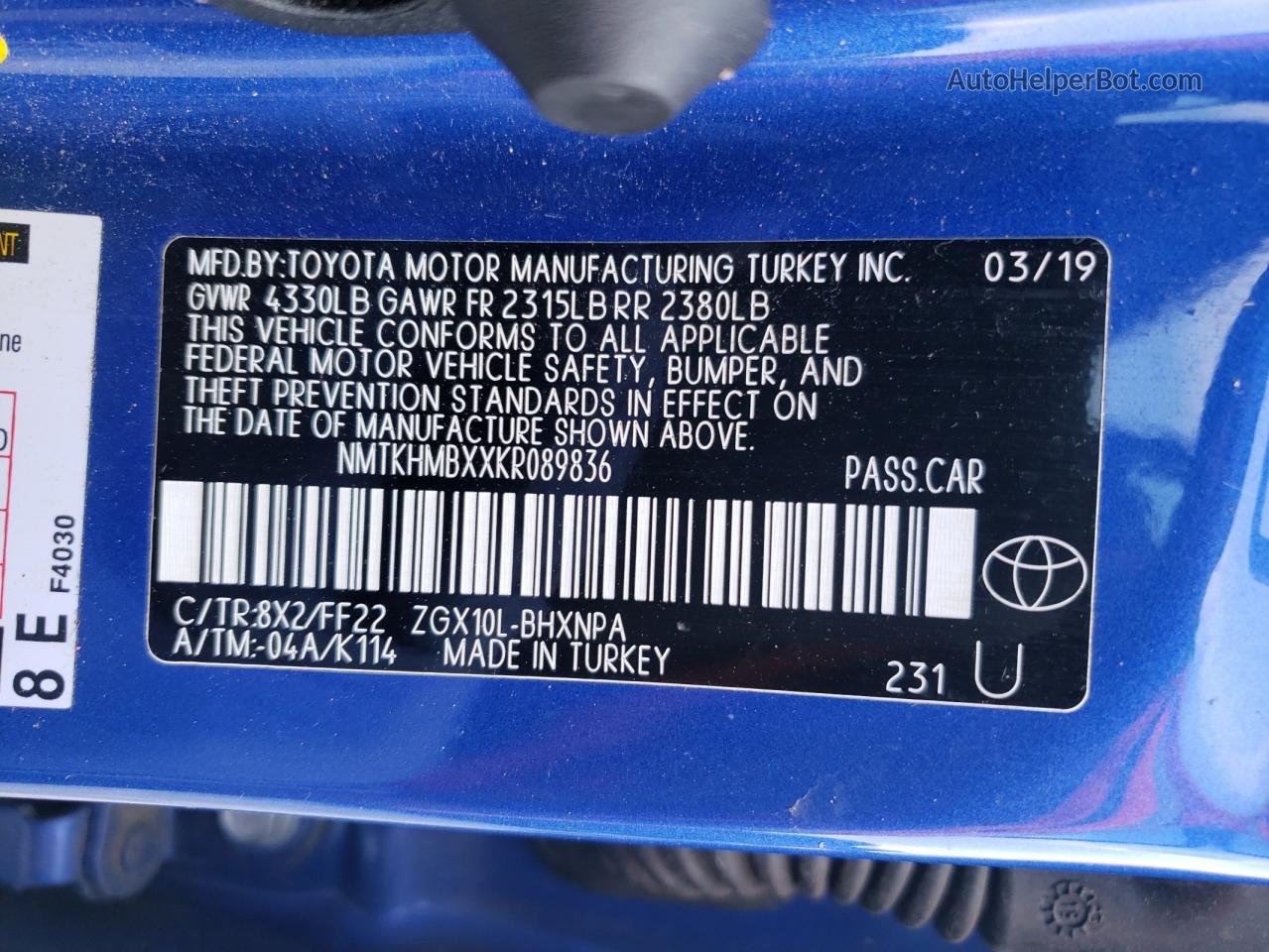 2019 Toyota C-hr Xle Blue vin: NMTKHMBXXKR089836