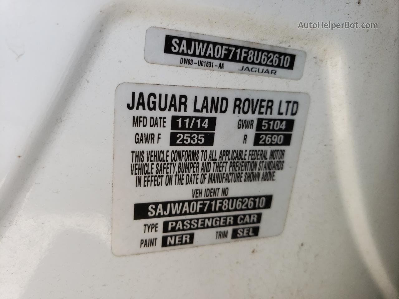 2015 Jaguar Xf 3.0 Sport White vin: SAJWA0F71F8U62610