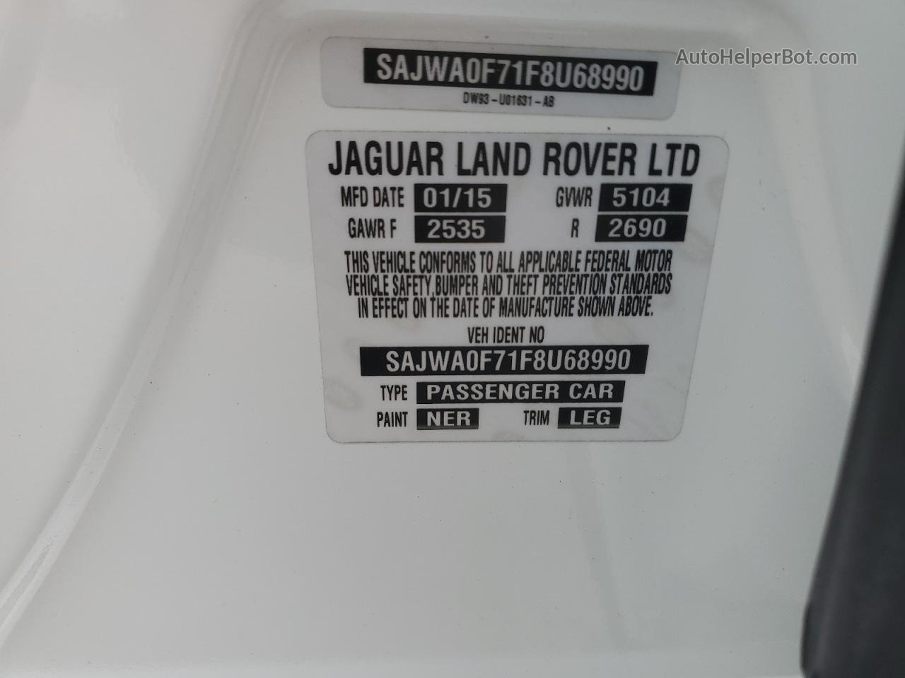 2015 Jaguar Xf 3.0 Sport White vin: SAJWA0F71F8U68990