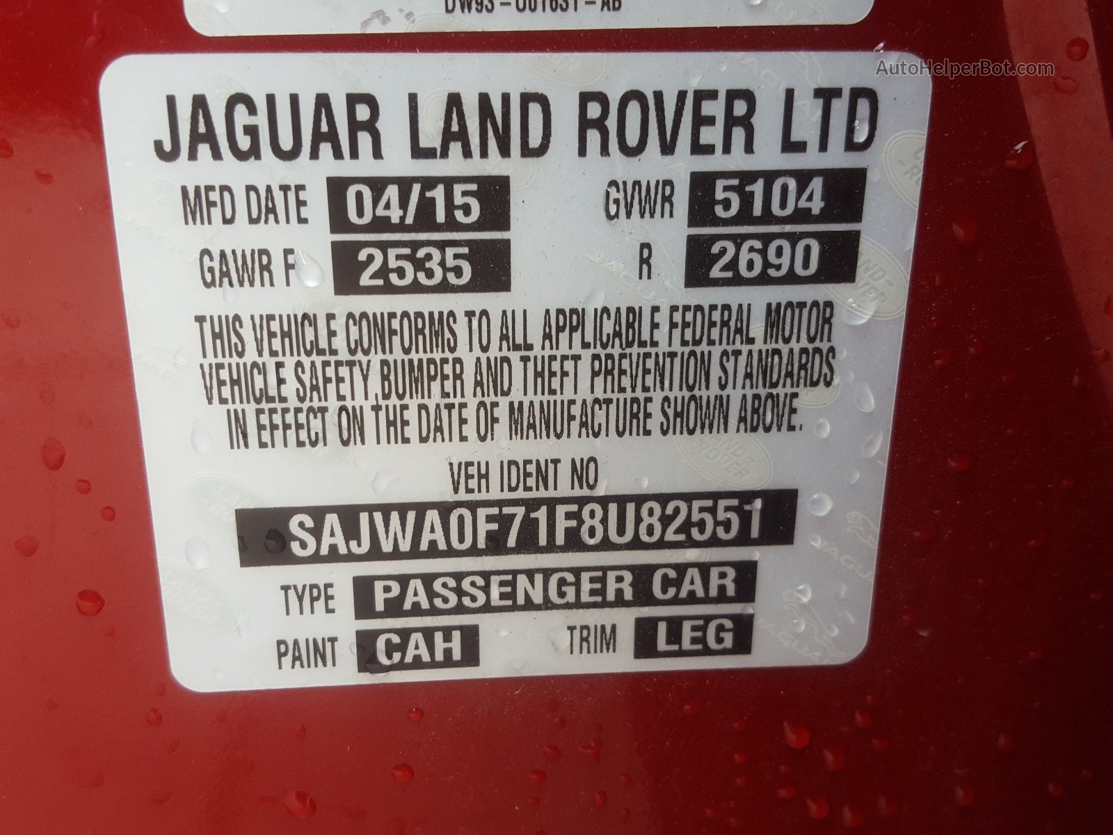 2015 Jaguar Xf 3.0 Sport Красный vin: SAJWA0F71F8U82551
