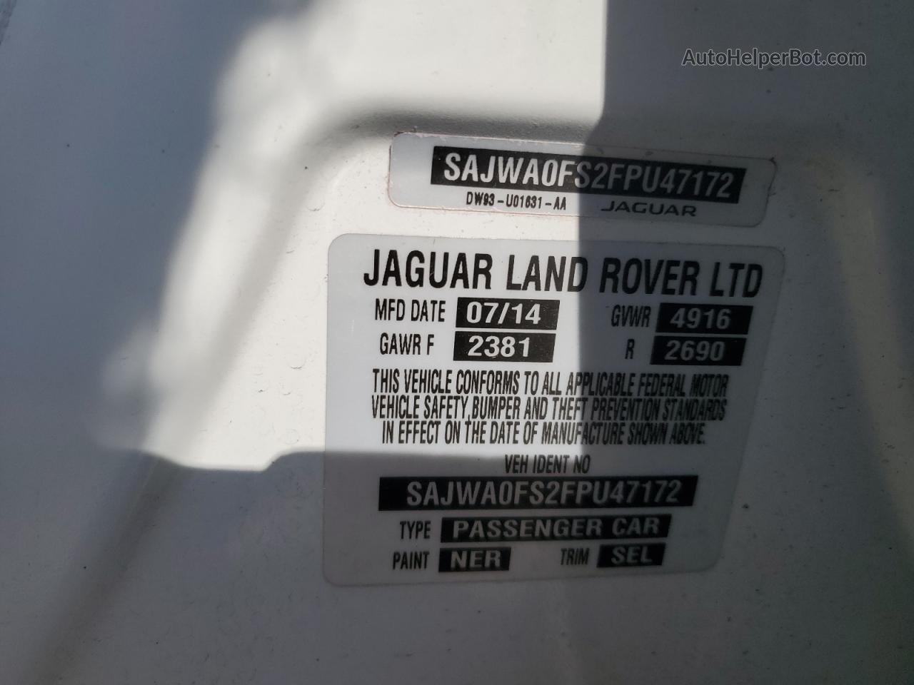 2015 Jaguar Xf 2.0t Premium Белый vin: SAJWA0FS2FPU47172