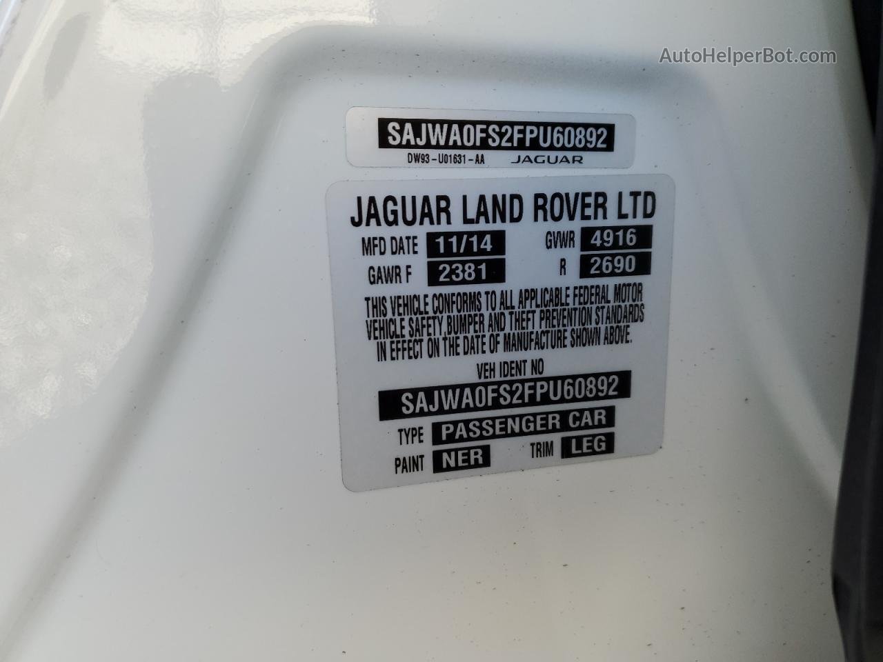 2015 Jaguar Xf 2.0t Premium Белый vin: SAJWA0FS2FPU60892