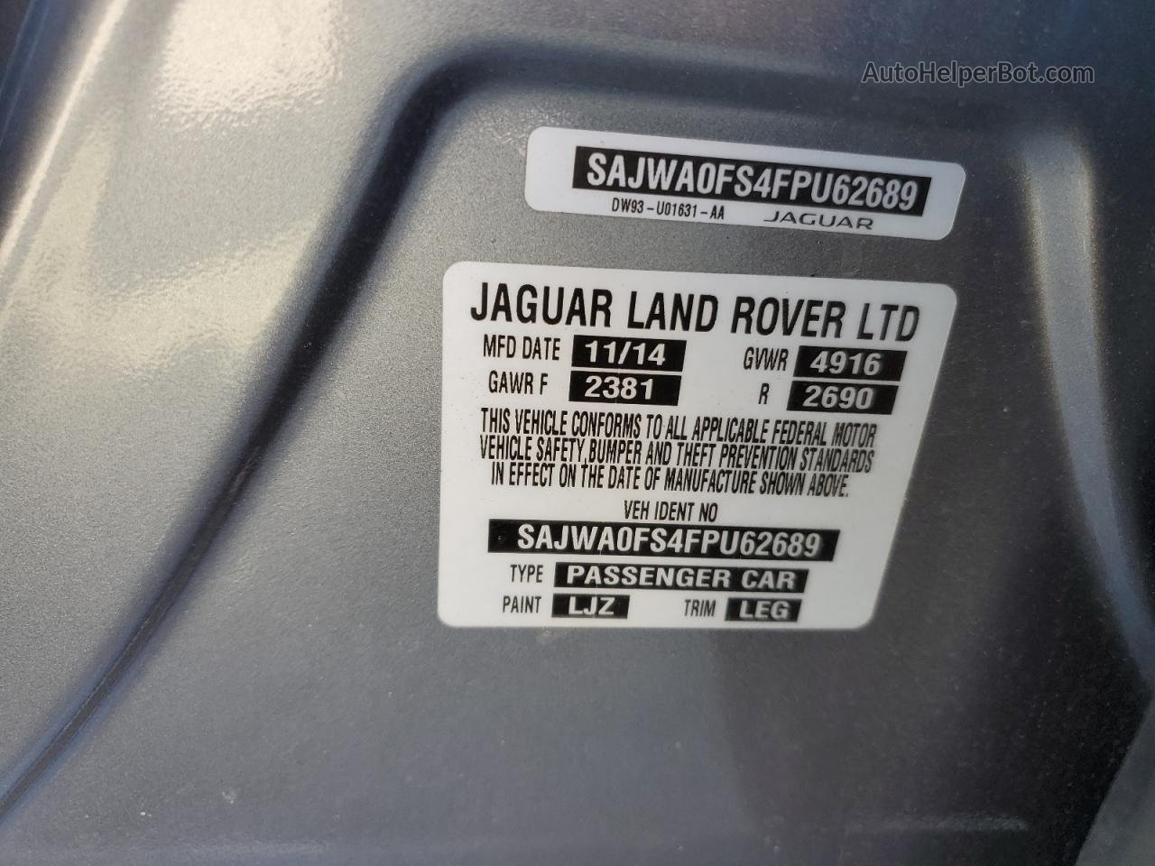 2015 Jaguar Xf 2.0t Premium Серебряный vin: SAJWA0FS4FPU62689