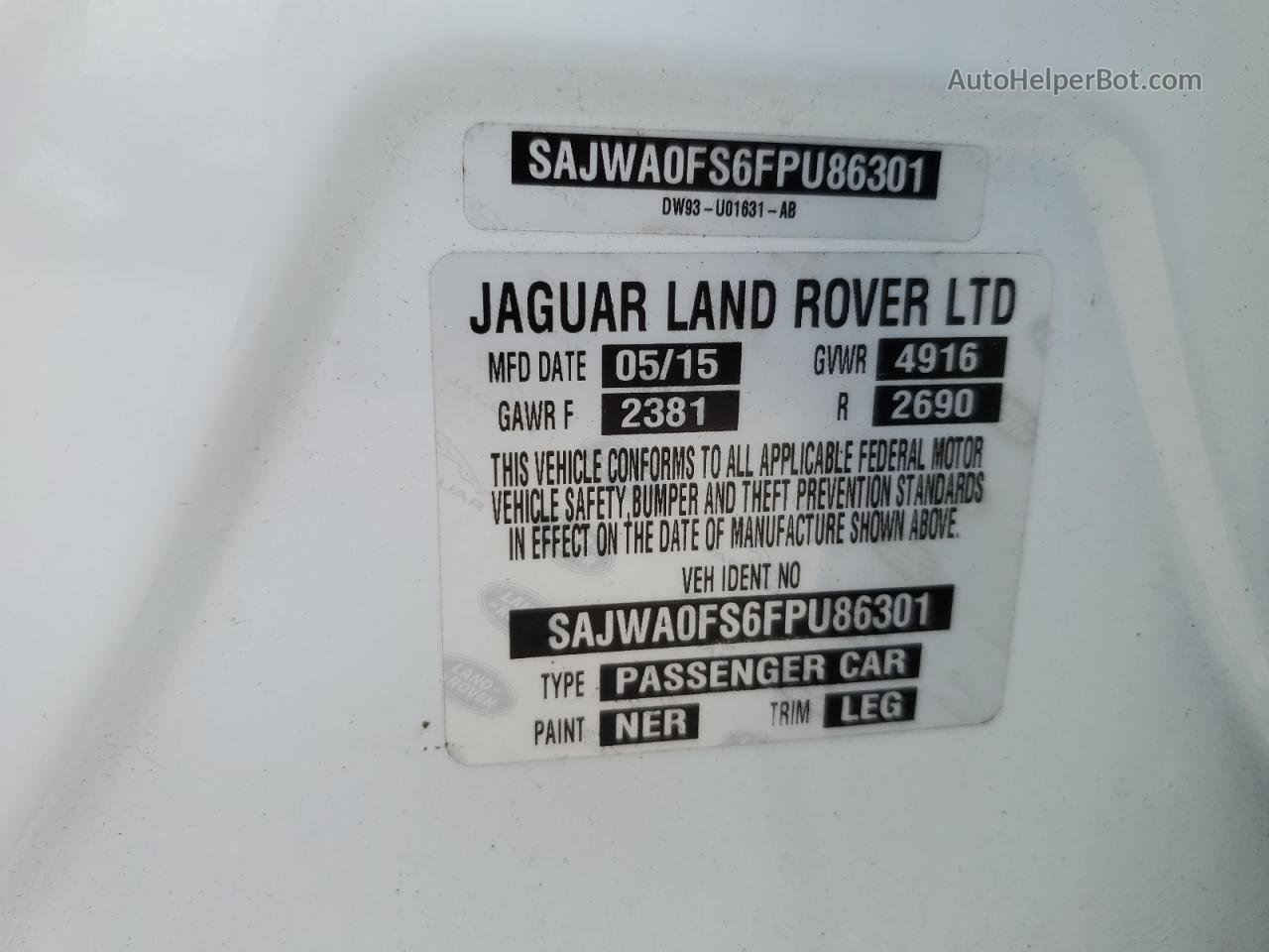 2015 Jaguar Xf 2.0t Premium Белый vin: SAJWA0FS6FPU86301