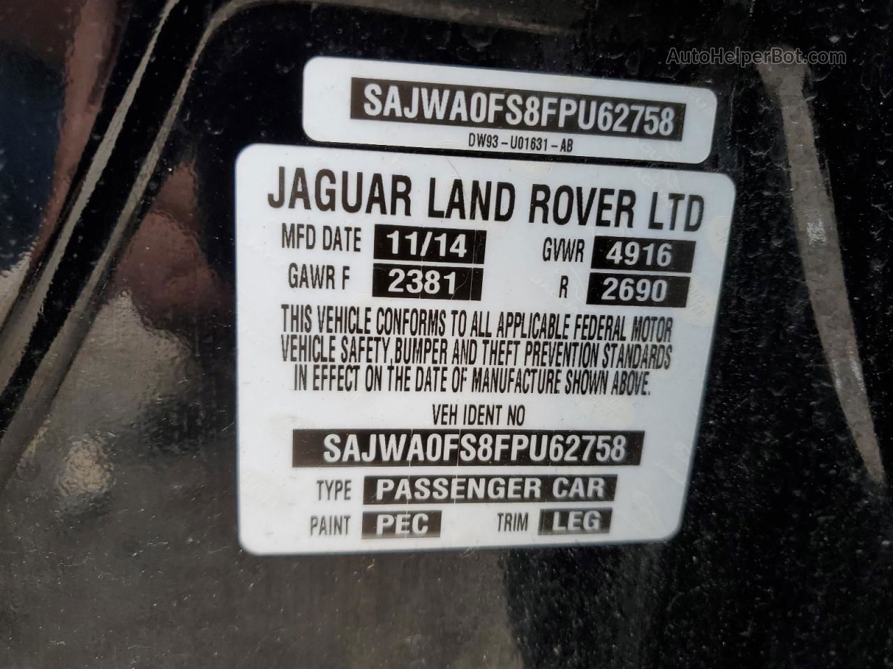 2015 Jaguar Xf 2.0t Pr Black vin: SAJWA0FS8FPU62758