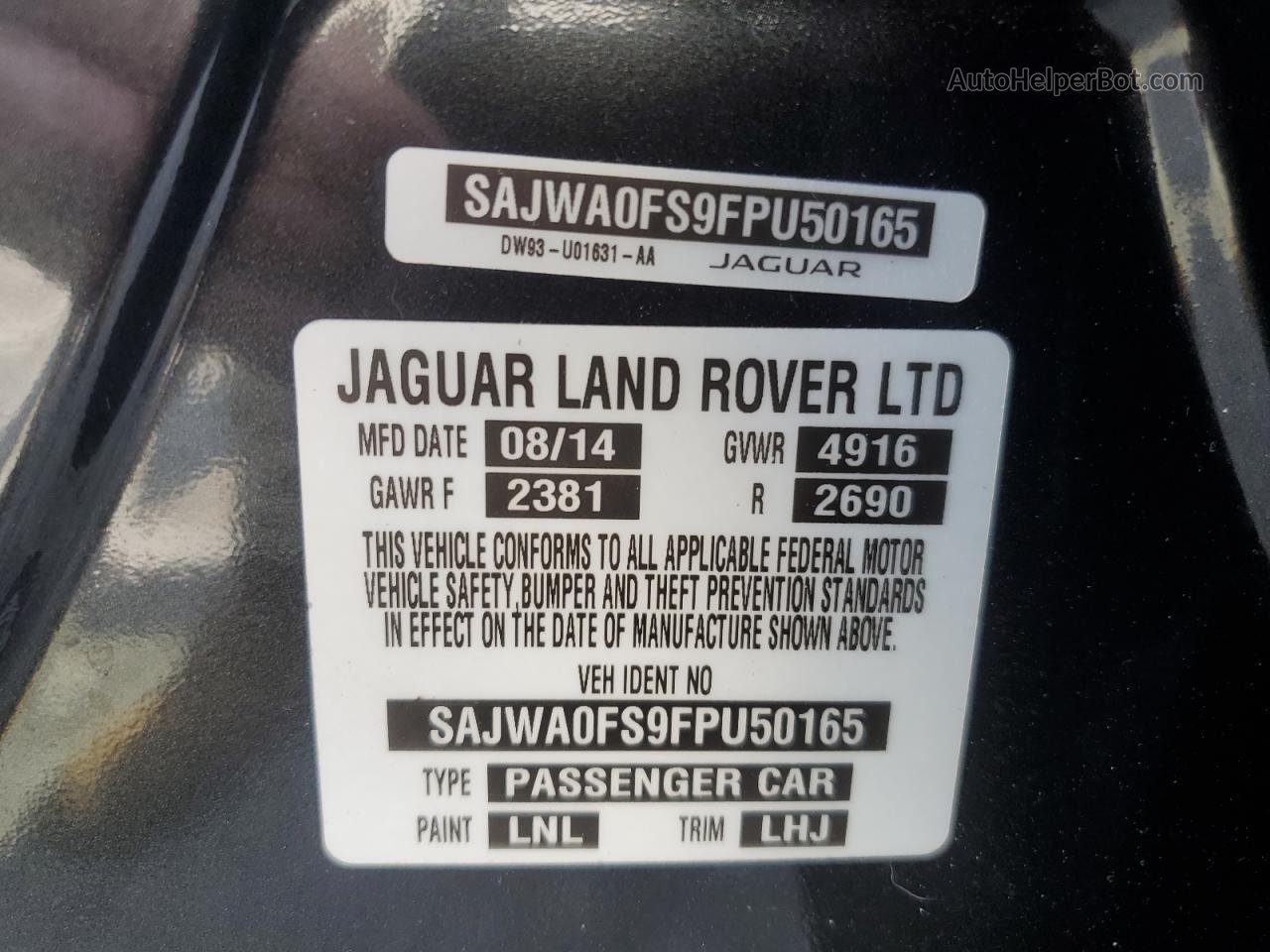 2015 Jaguar Xf 2.0t Premium Charcoal vin: SAJWA0FS9FPU50165