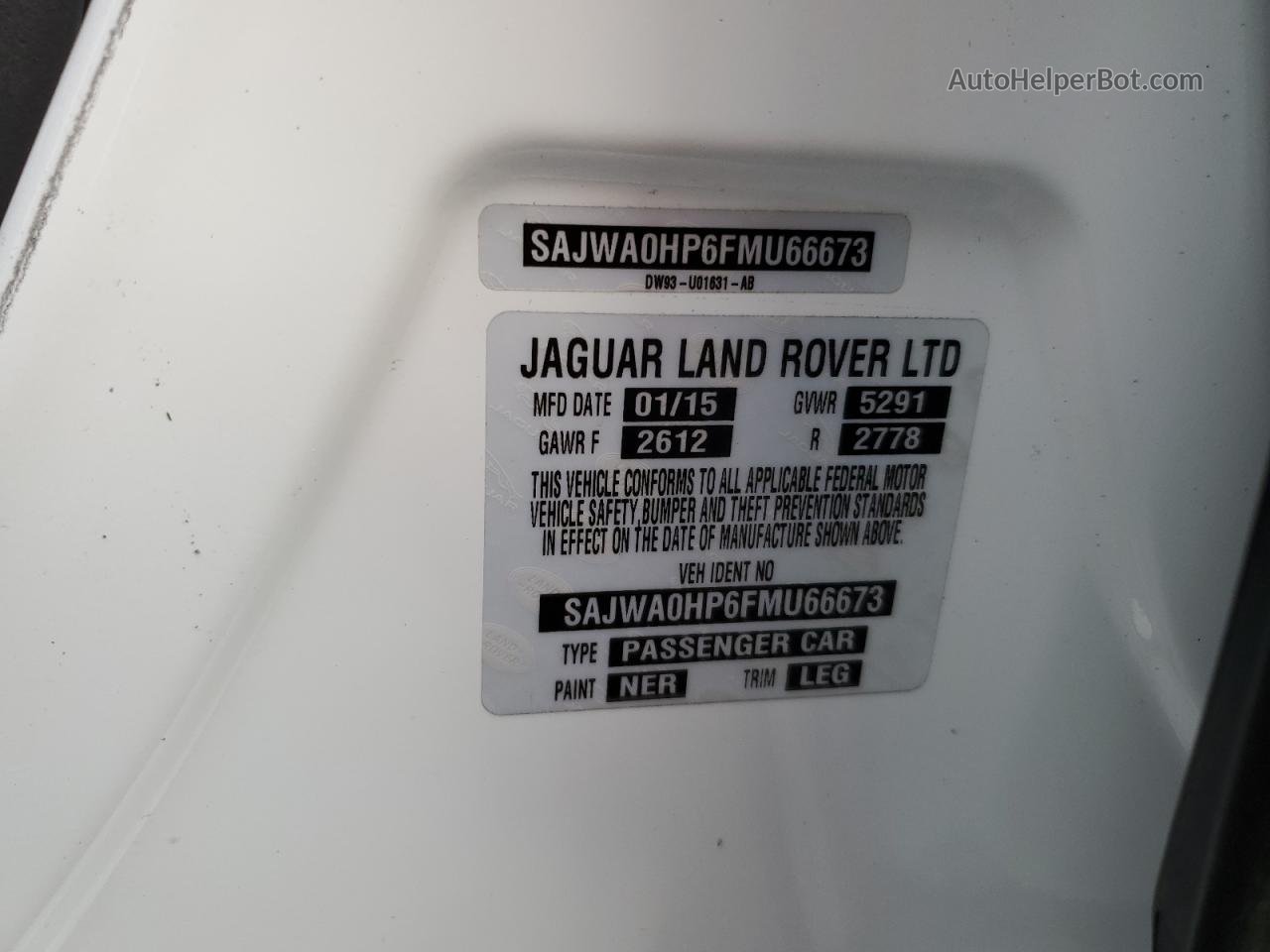 2015 Jaguar Xf Supercharged White vin: SAJWA0HP6FMU66673