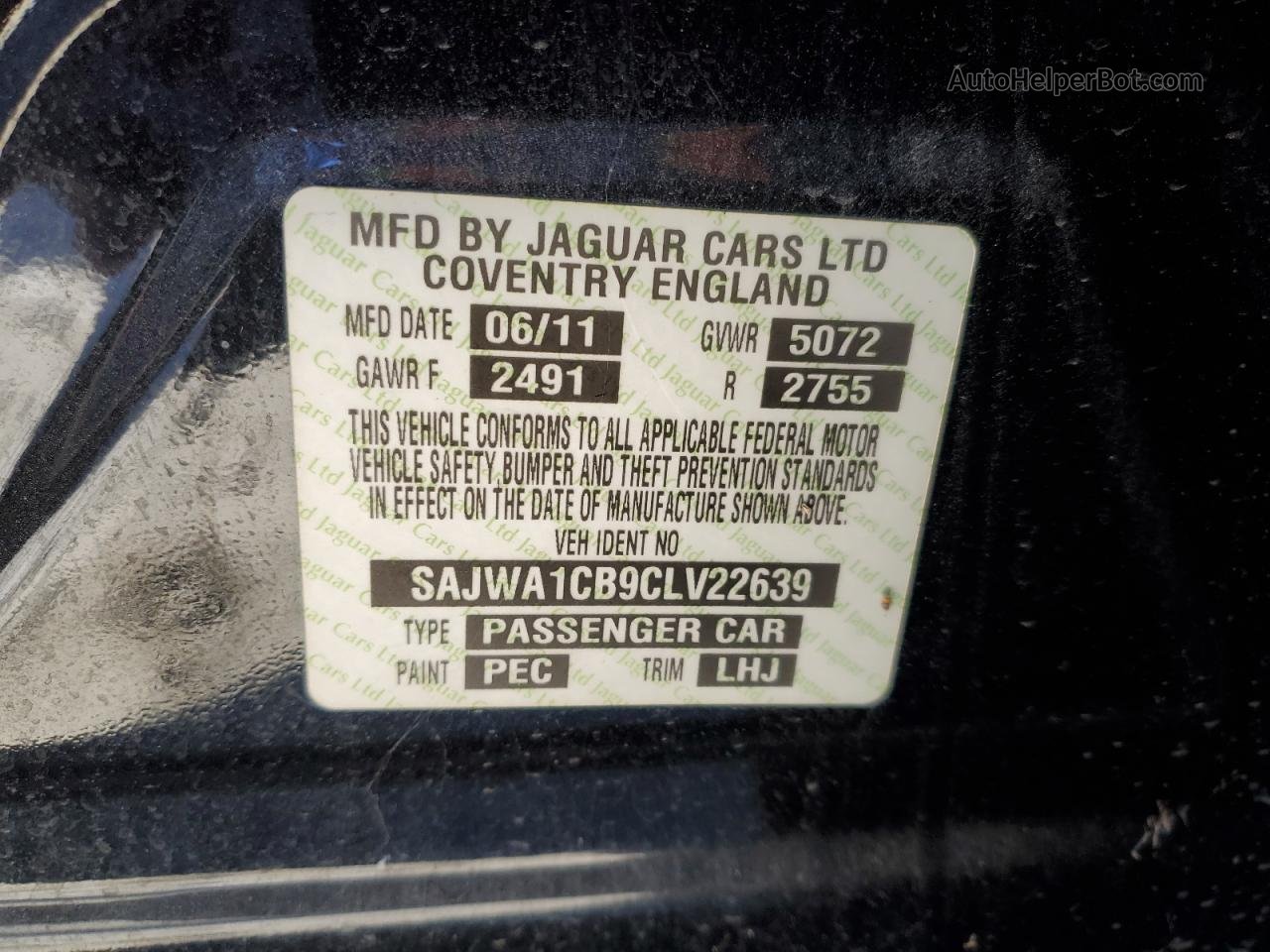 2012 Jaguar Xj  Черный vin: SAJWA1CB9CLV22639