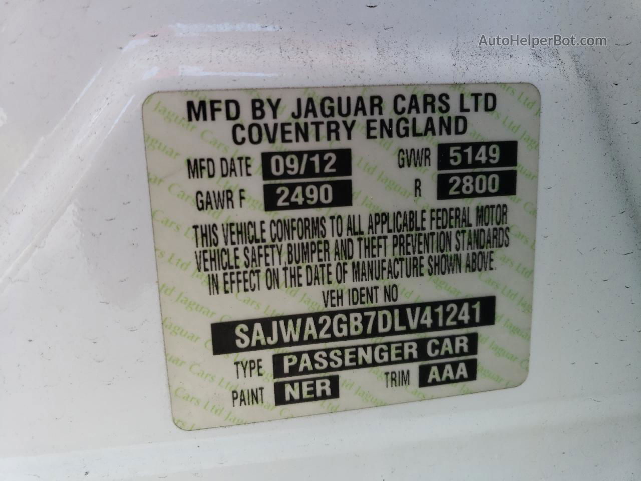 2013 Jaguar Xjl Portfolio Белый vin: SAJWA2GB7DLV41241