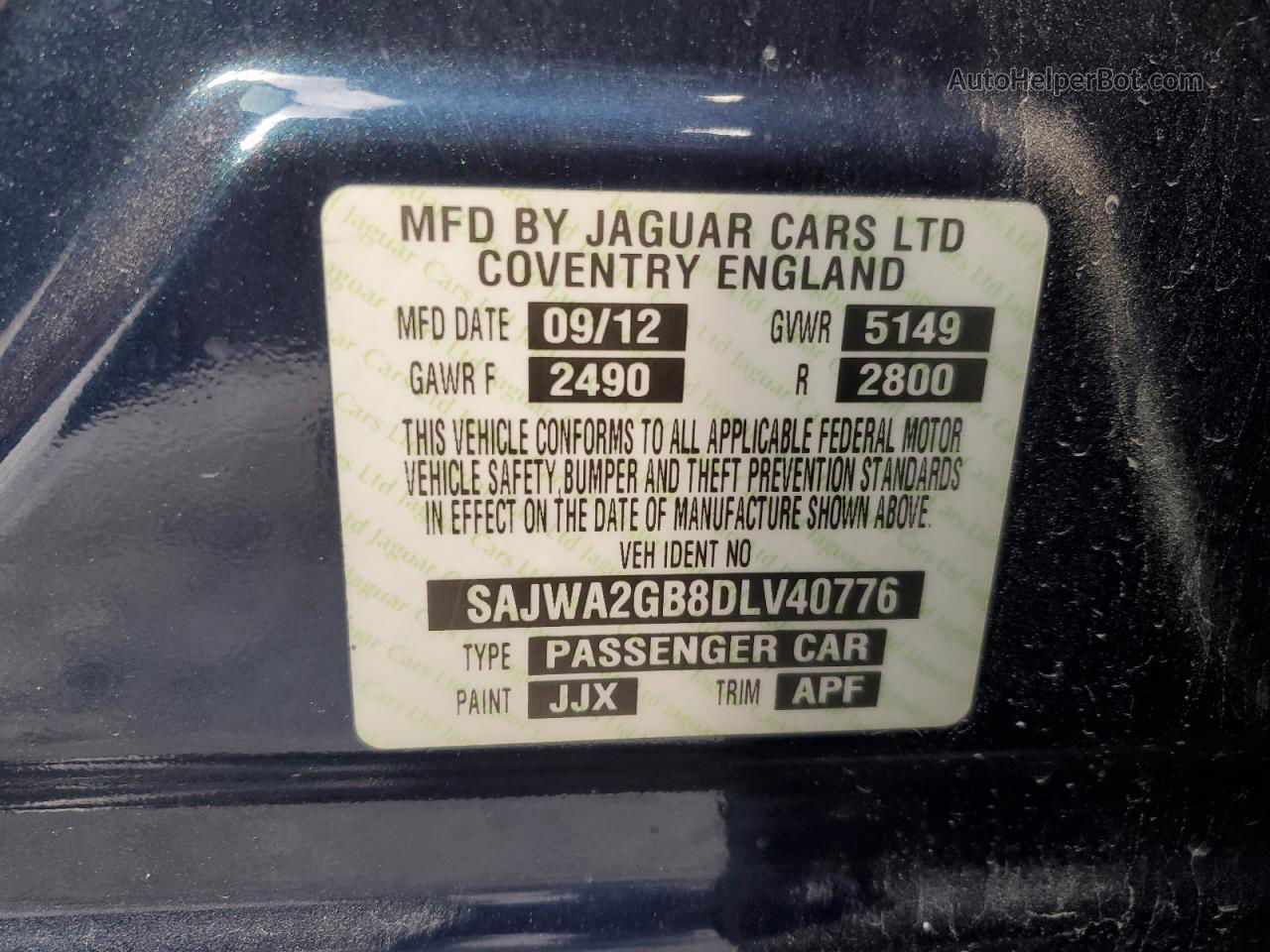 2013 Jaguar Xjl Portfolio Blue vin: SAJWA2GB8DLV40776