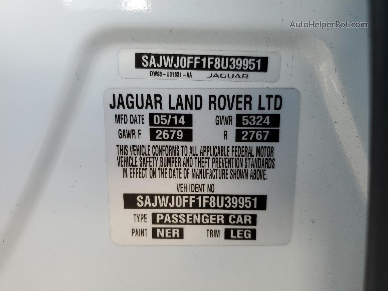 2015 Jaguar Xf 3.0 Sport Awd White vin: SAJWJ0FF1F8U39951